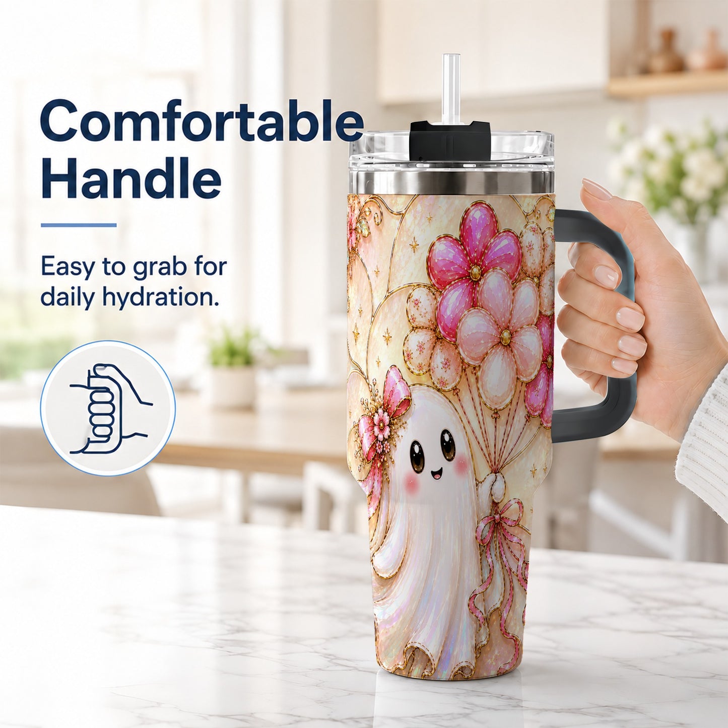 #pl[40oz|Black] Floral Ghost 40oz Tumbler with Handle, Balloon Travel Cup