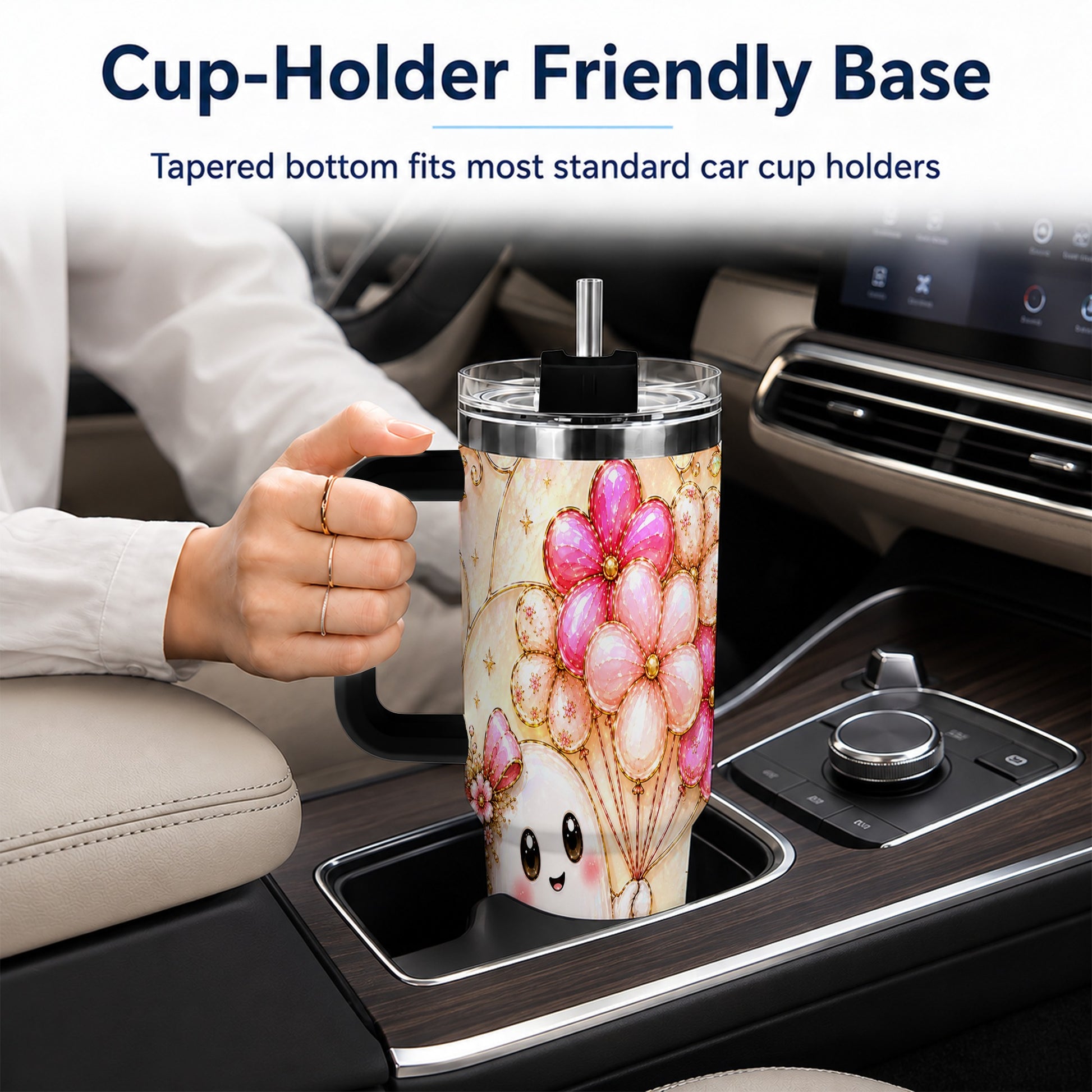 #pl[40oz|Black] Floral Ghost 40oz Tumbler with Handle, Balloon Travel Cup