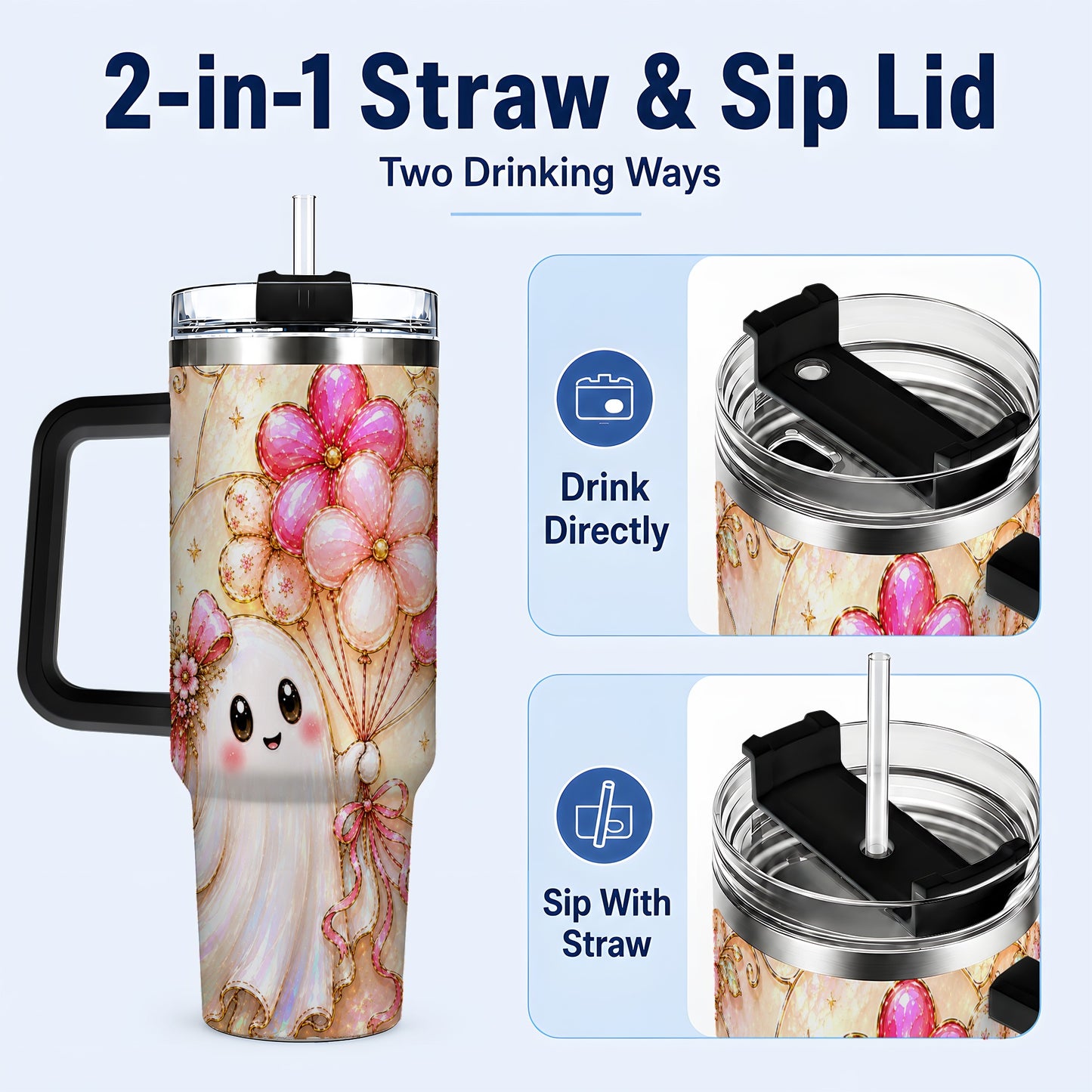 #pl[40oz|Black] Floral Ghost 40oz Tumbler with Handle, Balloon Travel Cup