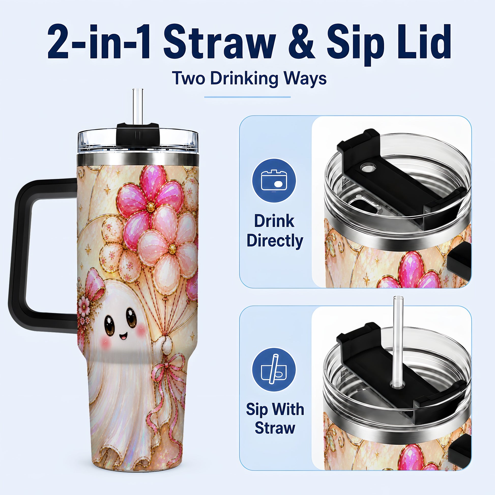 #pl[40oz|Black] Floral Ghost 40oz Tumbler with Handle, Balloon Travel Cup