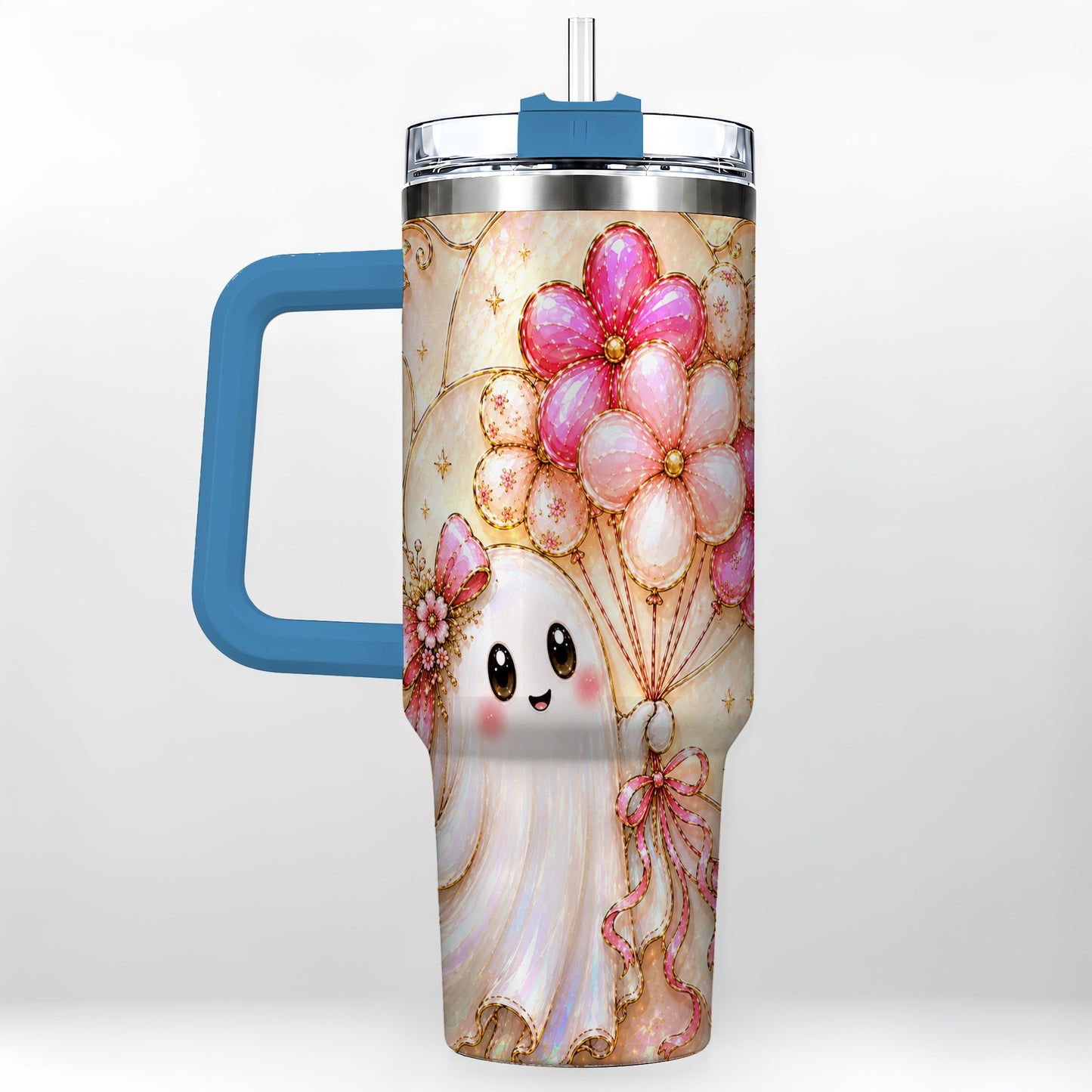 #pl[40oz|Blue] Floral Ghost 40oz Tumbler with Handle, Balloon Travel Cup