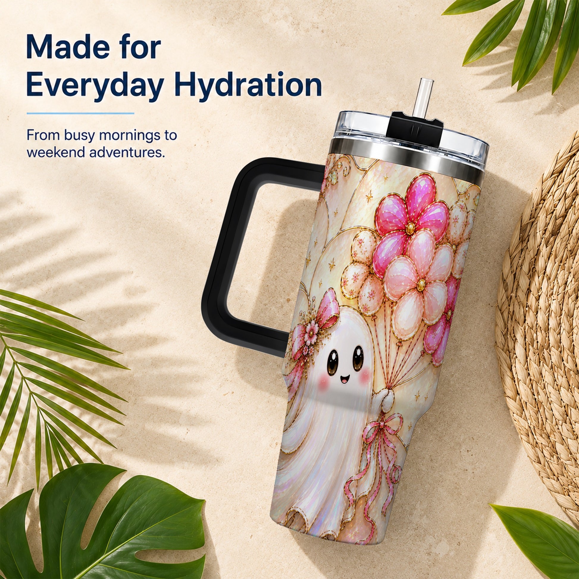 #pl[40oz|Black] Floral Ghost 40oz Tumbler with Handle, Balloon Travel Cup