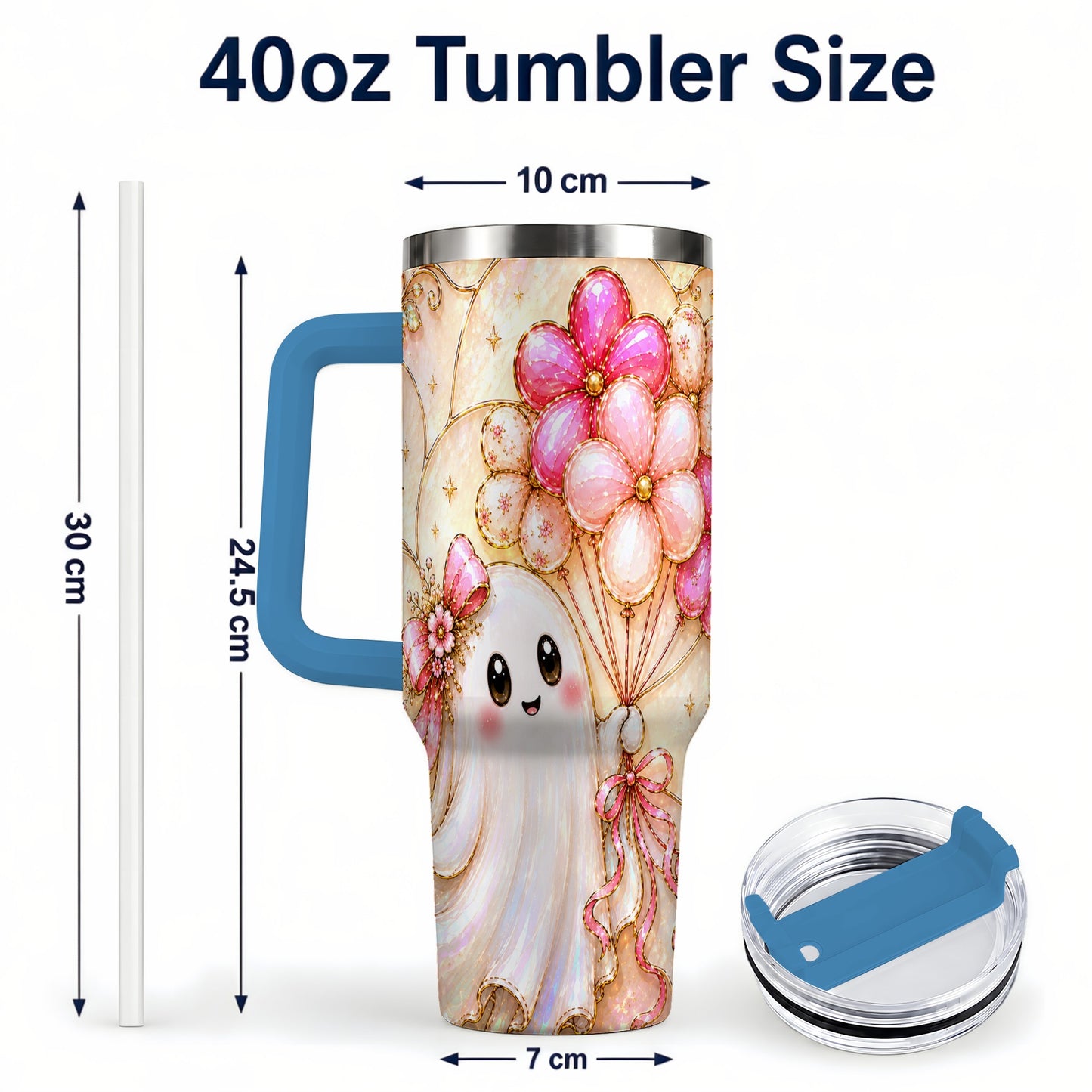 #pl[40oz|Blue] Floral Ghost 40oz Tumbler with Handle, Balloon Travel Cup