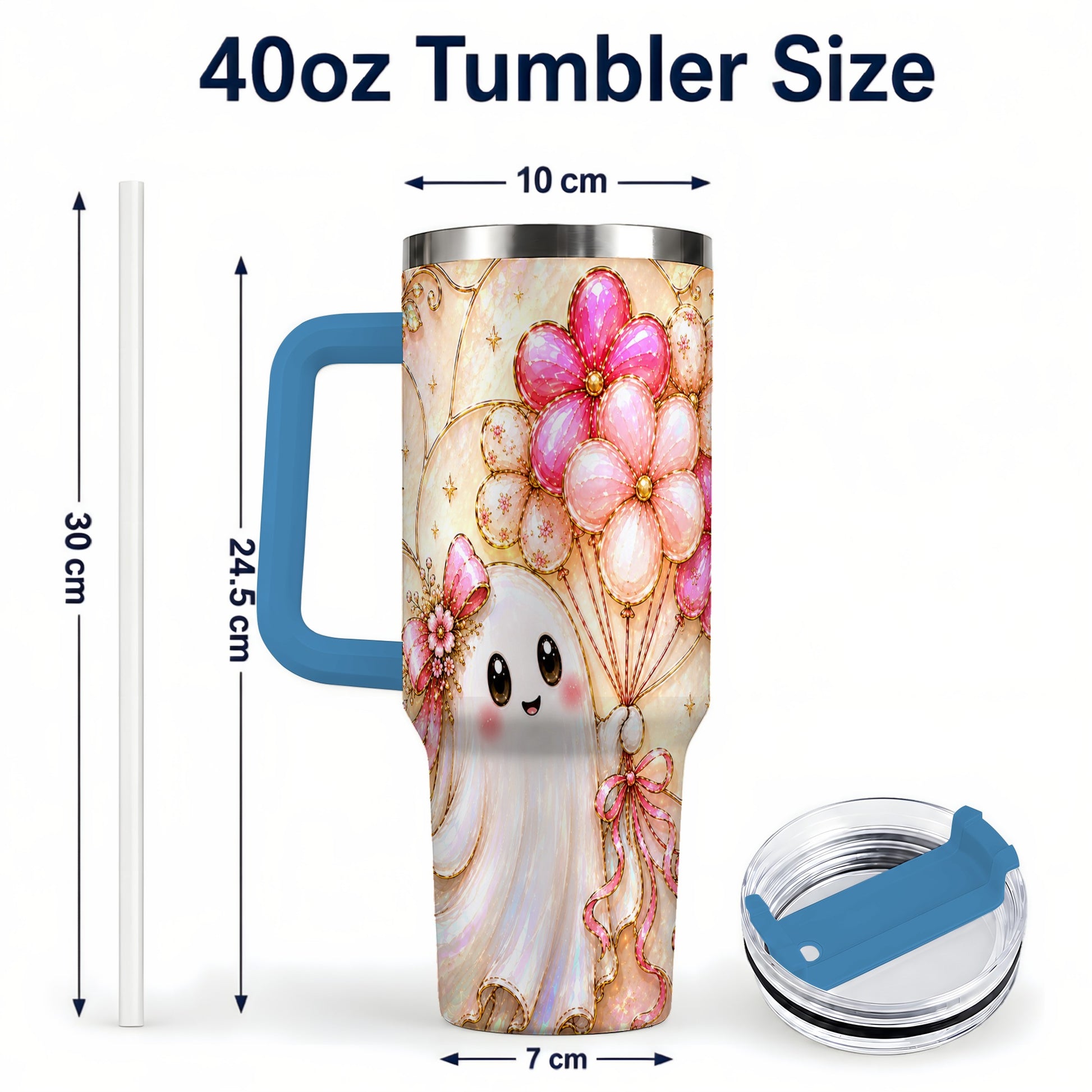 #pl[40oz|Blue] Floral Ghost 40oz Tumbler with Handle, Balloon Travel Cup