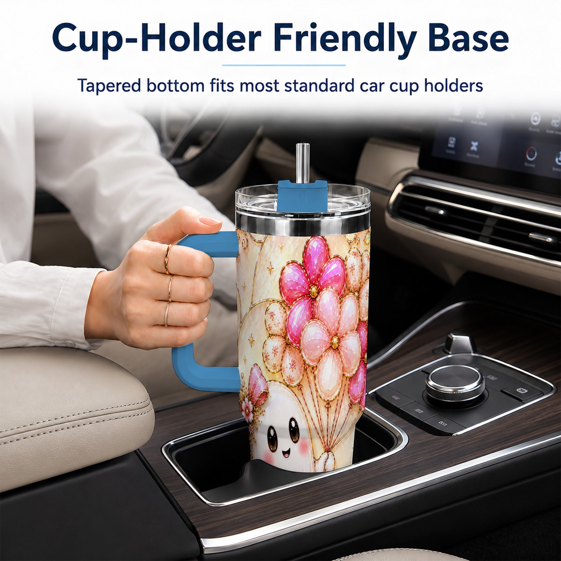 #pl[40oz|Blue] Floral Ghost 40oz Tumbler with Handle, Balloon Travel Cup