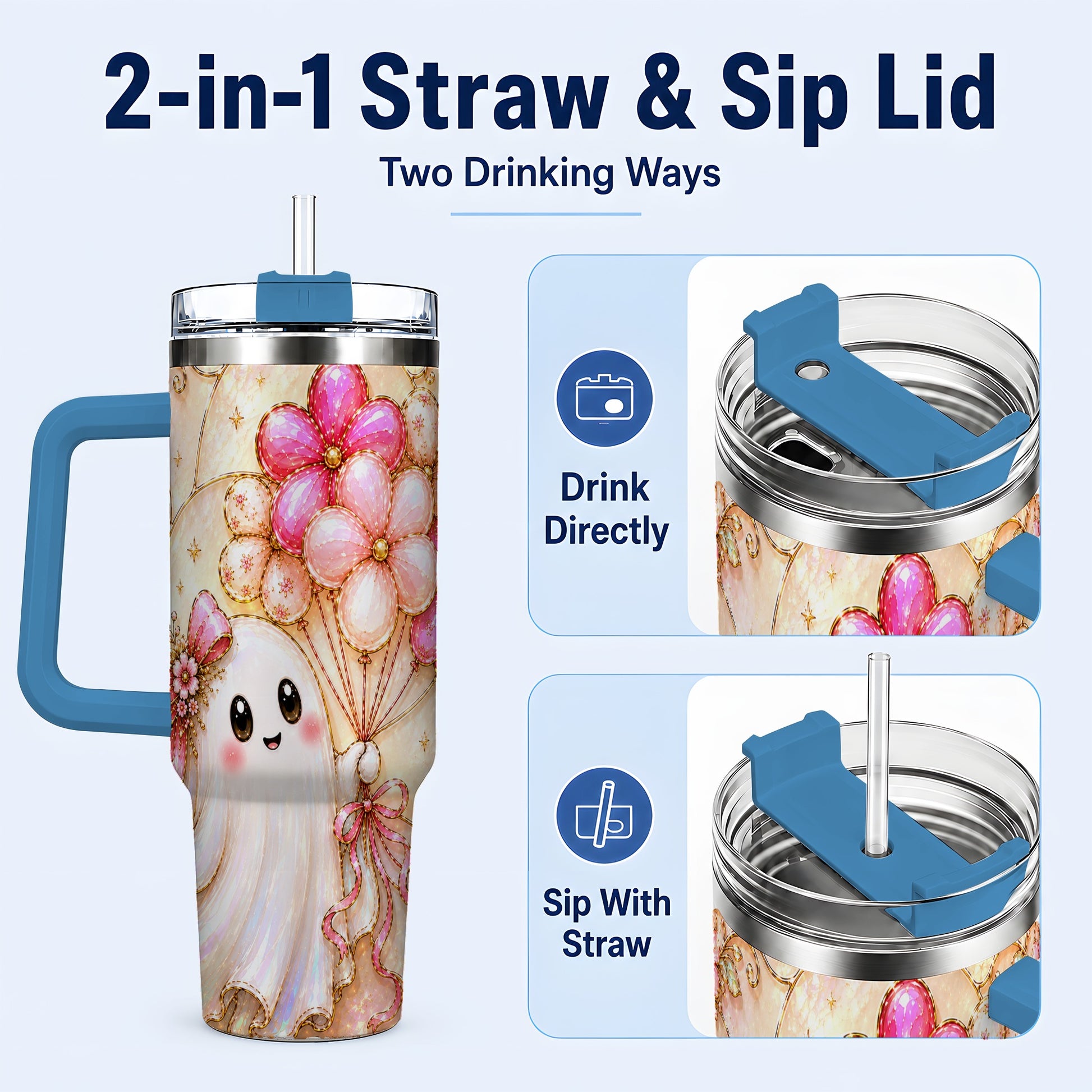 #pl[40oz|Blue] Floral Ghost 40oz Tumbler with Handle, Balloon Travel Cup