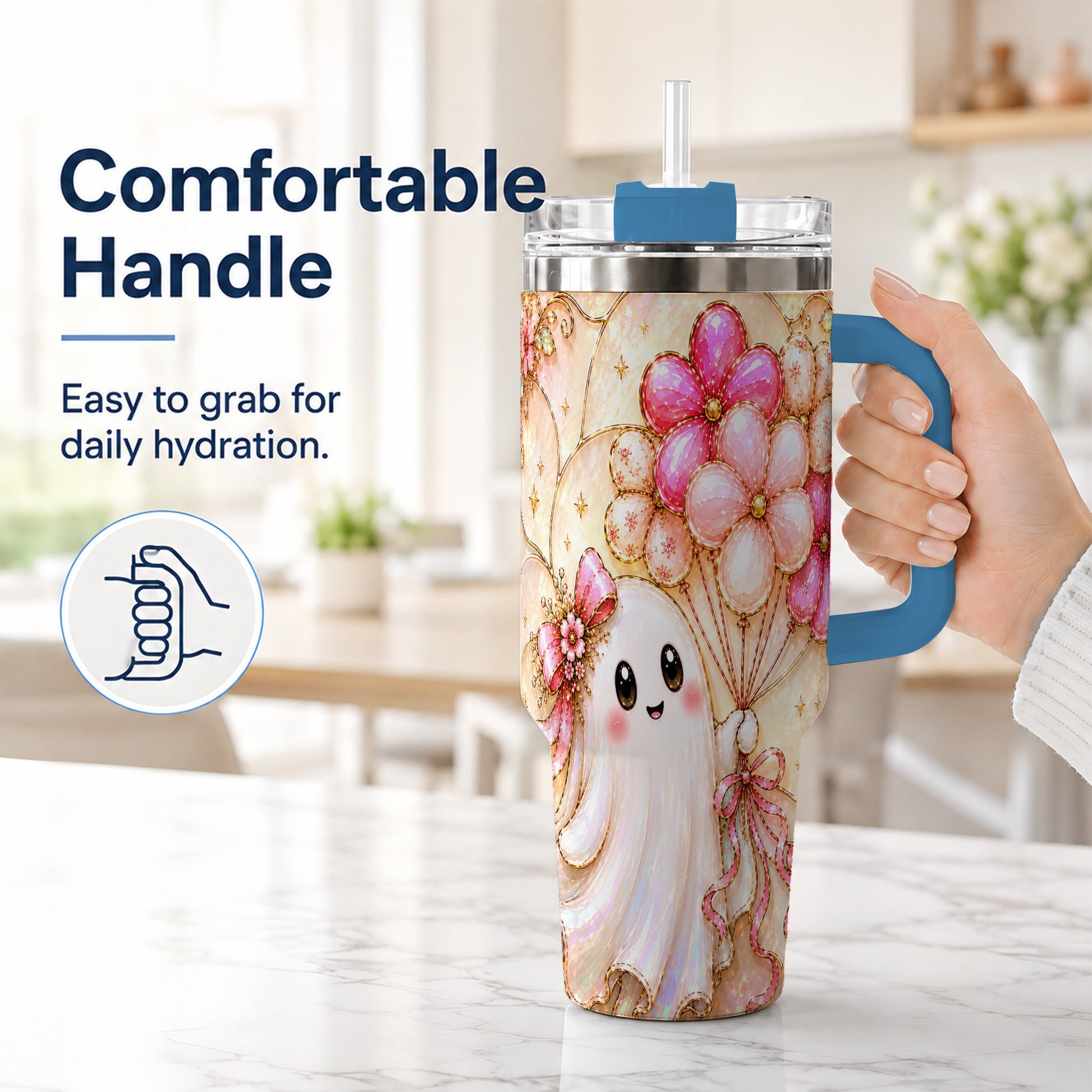 #pl[40oz|Blue] Floral Ghost 40oz Tumbler with Handle, Balloon Travel Cup