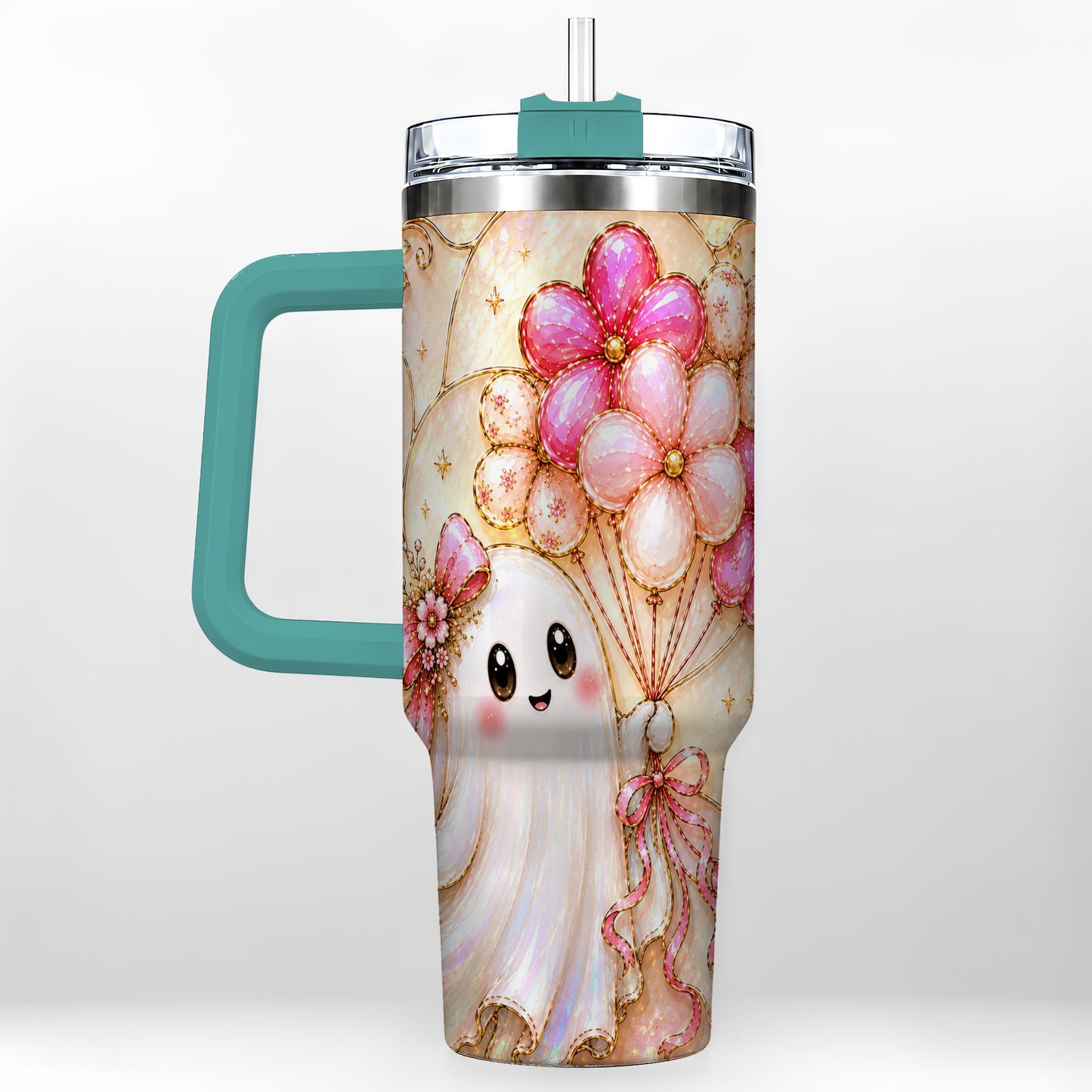 #pl[40oz|Green] Floral Ghost 40oz Tumbler with Handle, Balloon Travel Cup