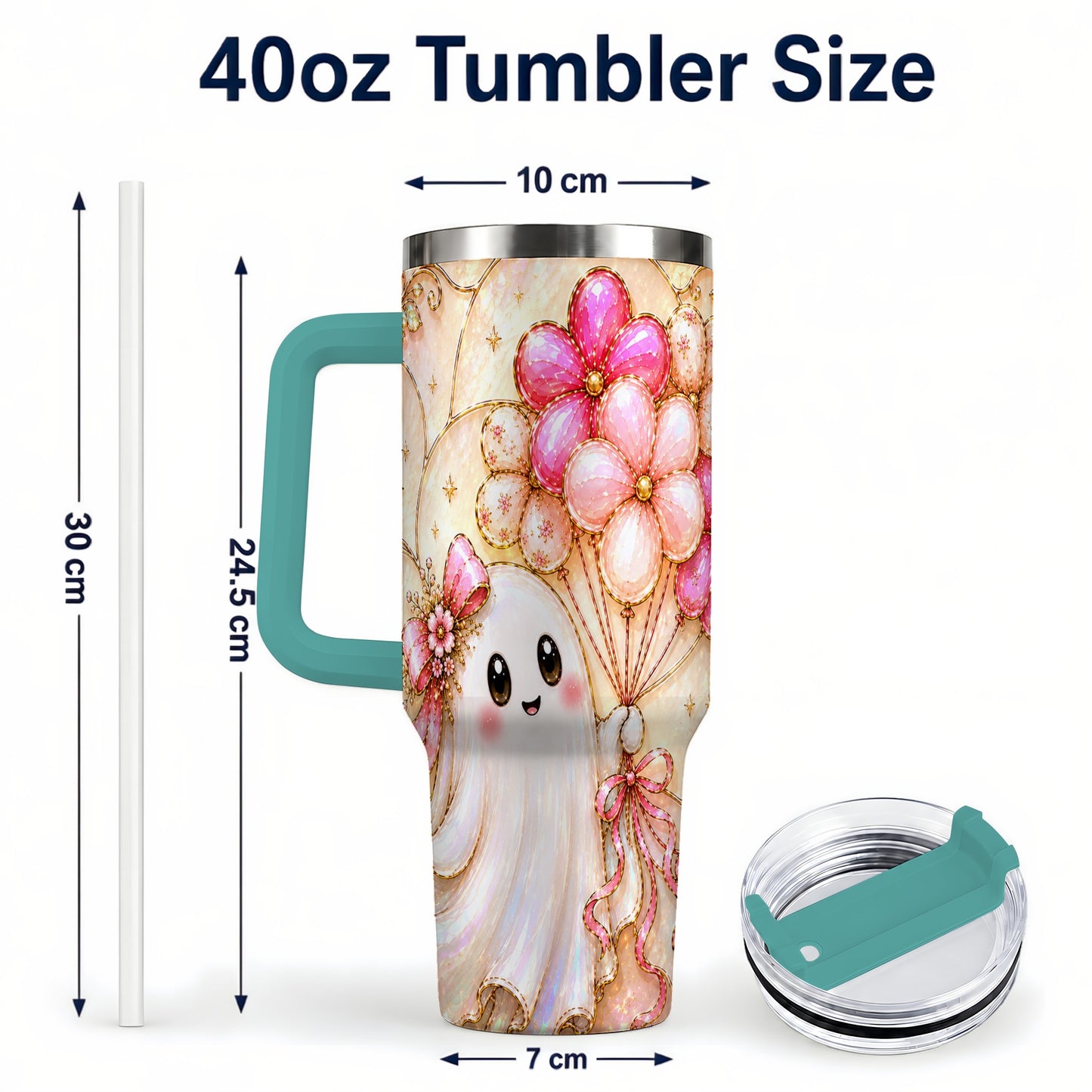 #pl[40oz|Green] Floral Ghost 40oz Tumbler with Handle, Balloon Travel Cup
