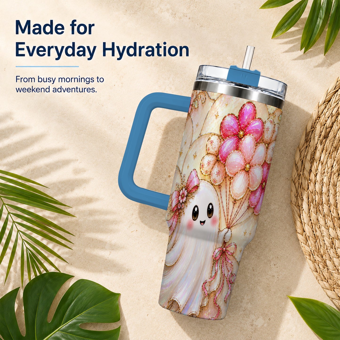 #pl[40oz|Blue] Floral Ghost 40oz Tumbler with Handle, Balloon Travel Cup