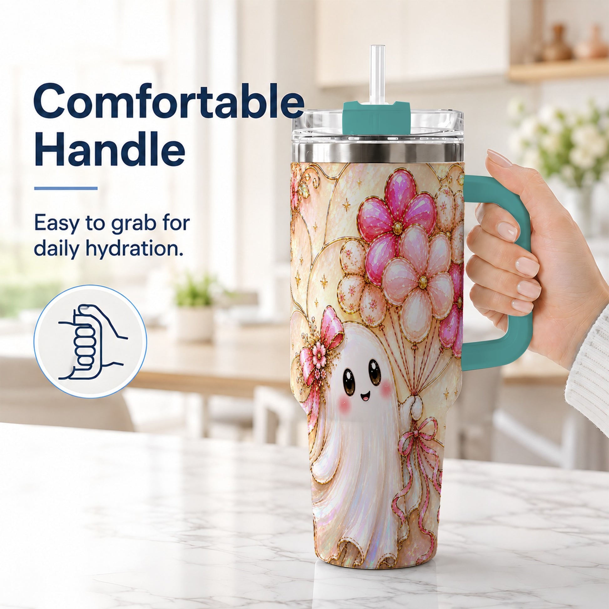 #pl[40oz|Green] Floral Ghost 40oz Tumbler with Handle, Balloon Travel Cup