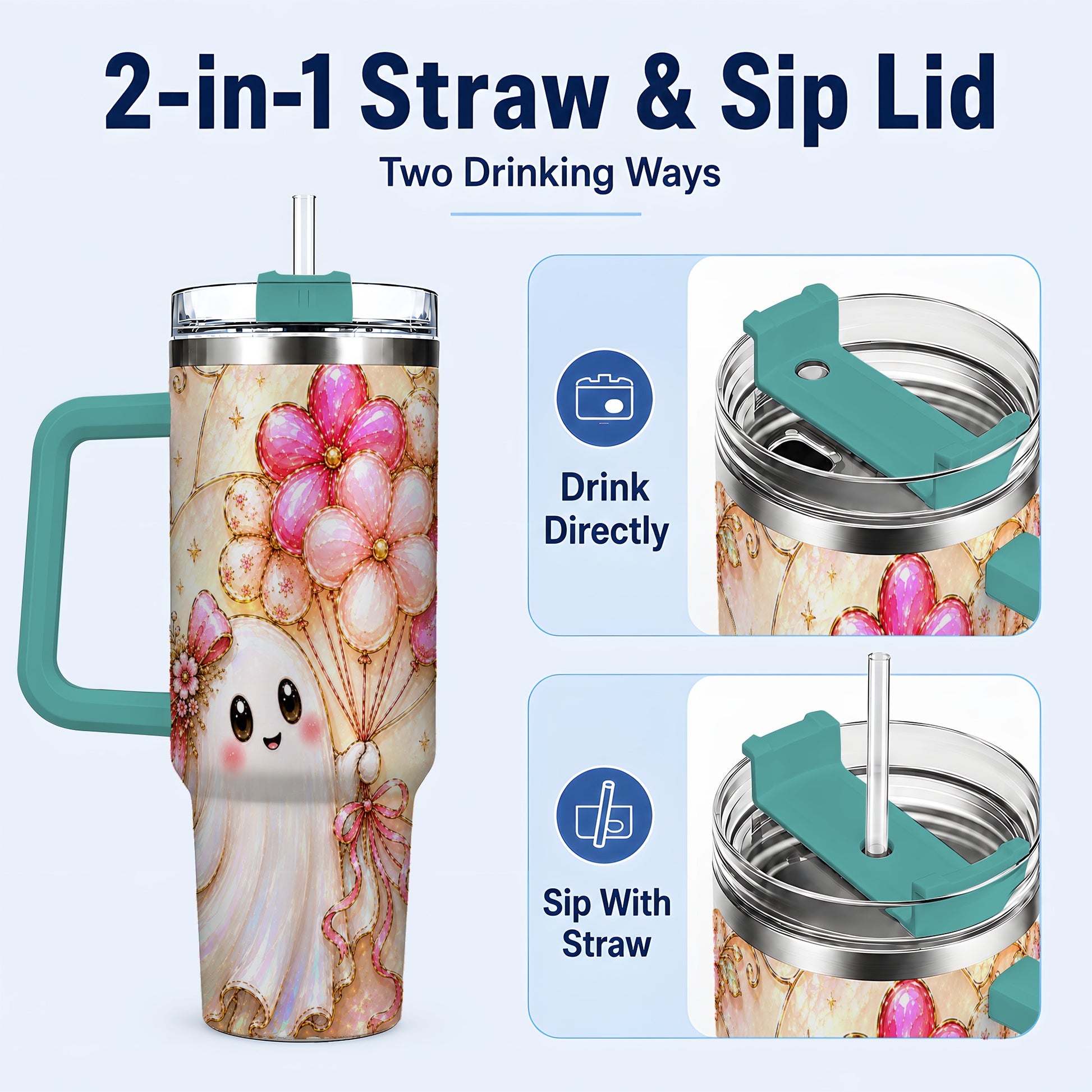 #pl[40oz|Green] Floral Ghost 40oz Tumbler with Handle, Balloon Travel Cup