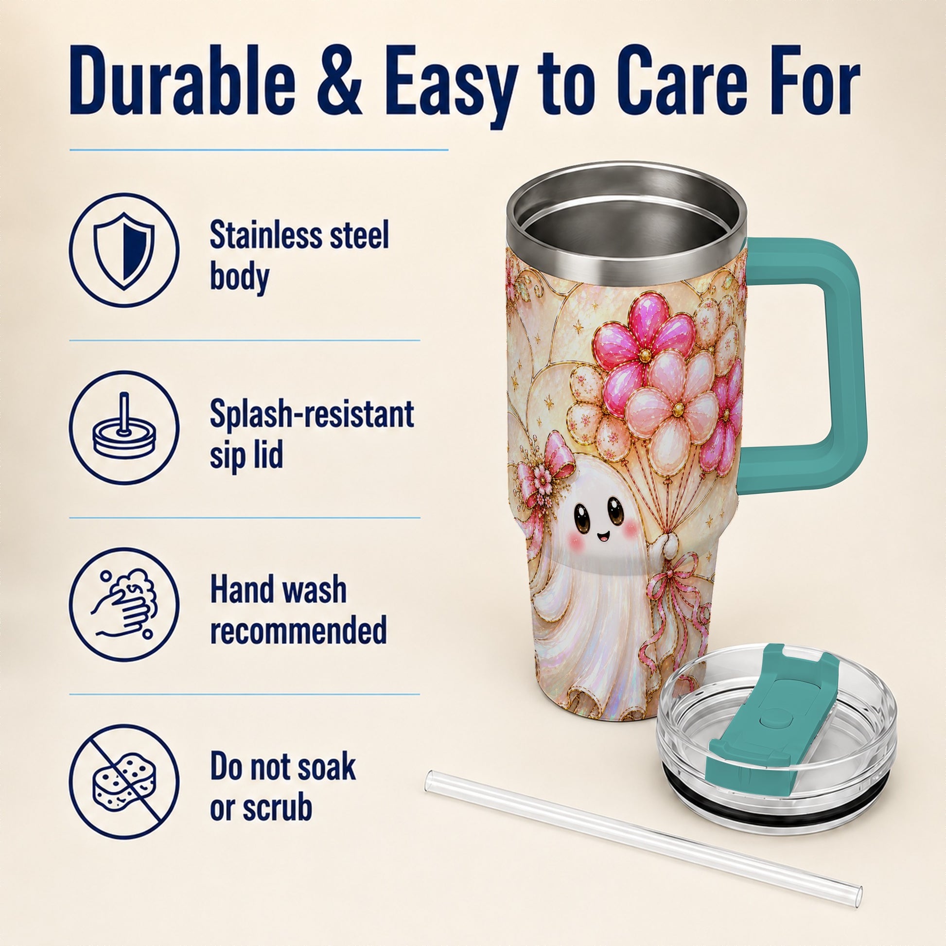 #pl[40oz|Green] Floral Ghost 40oz Tumbler with Handle, Balloon Travel Cup