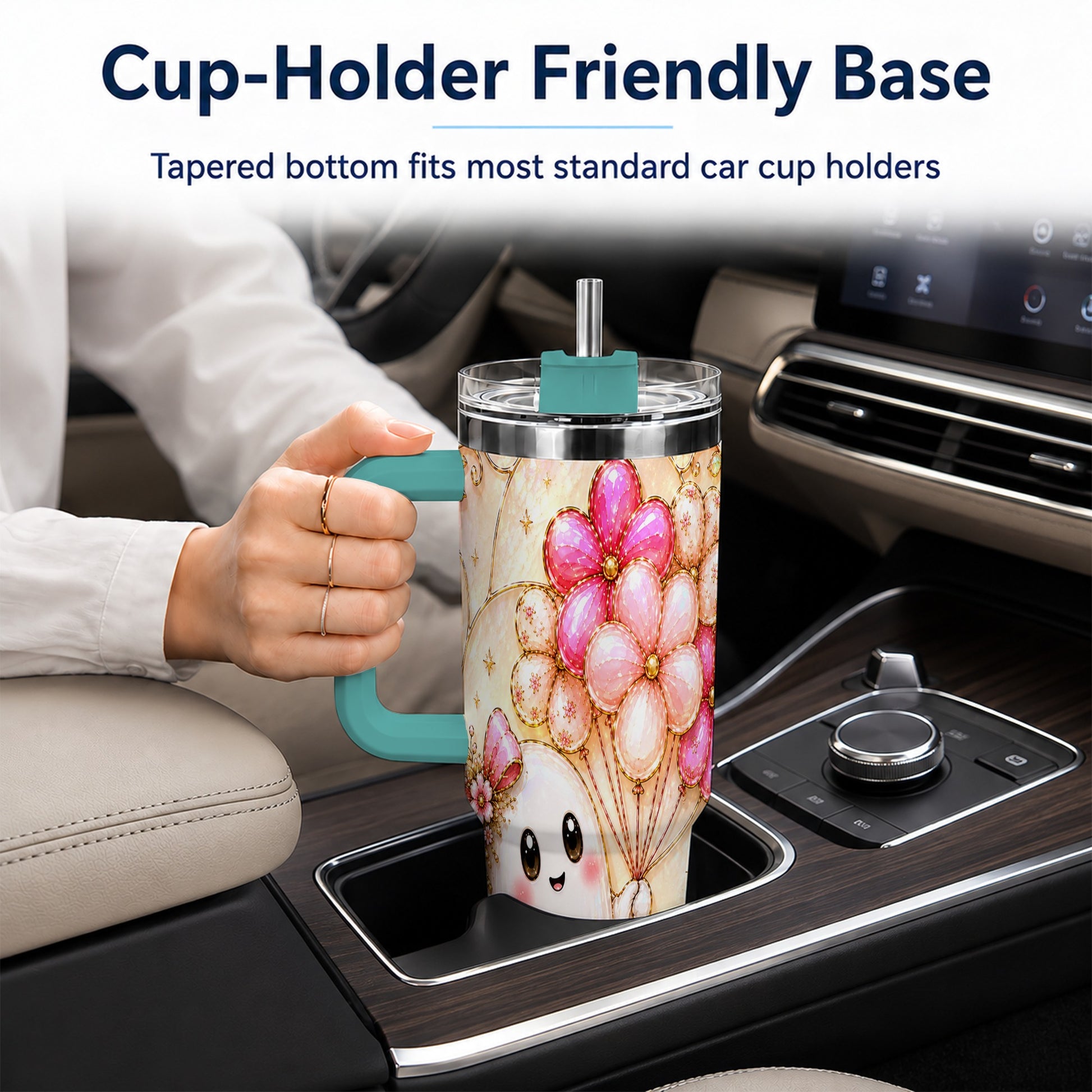 #pl[40oz|Green] Floral Ghost 40oz Tumbler with Handle, Balloon Travel Cup