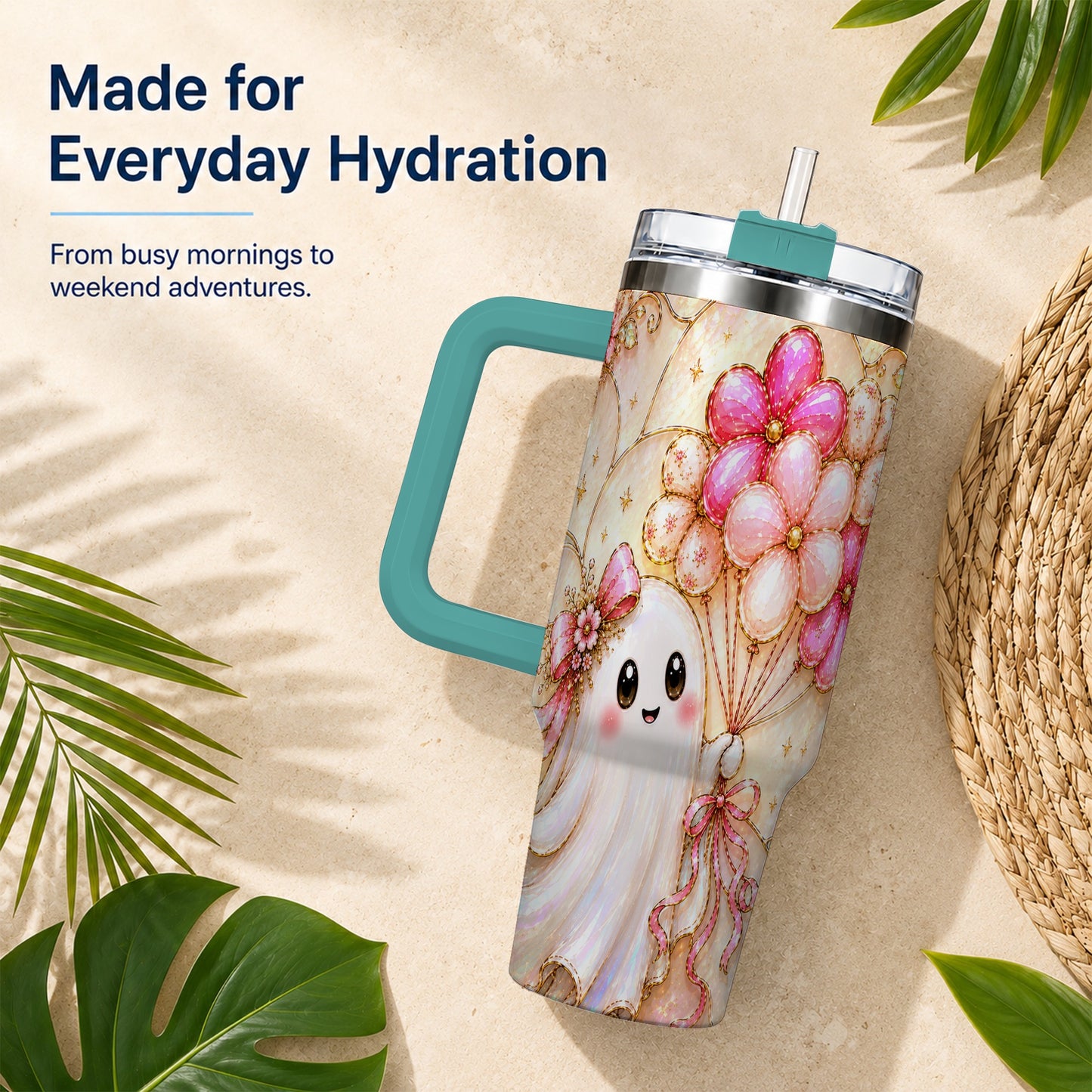 #pl[40oz|Green] Floral Ghost 40oz Tumbler with Handle, Balloon Travel Cup