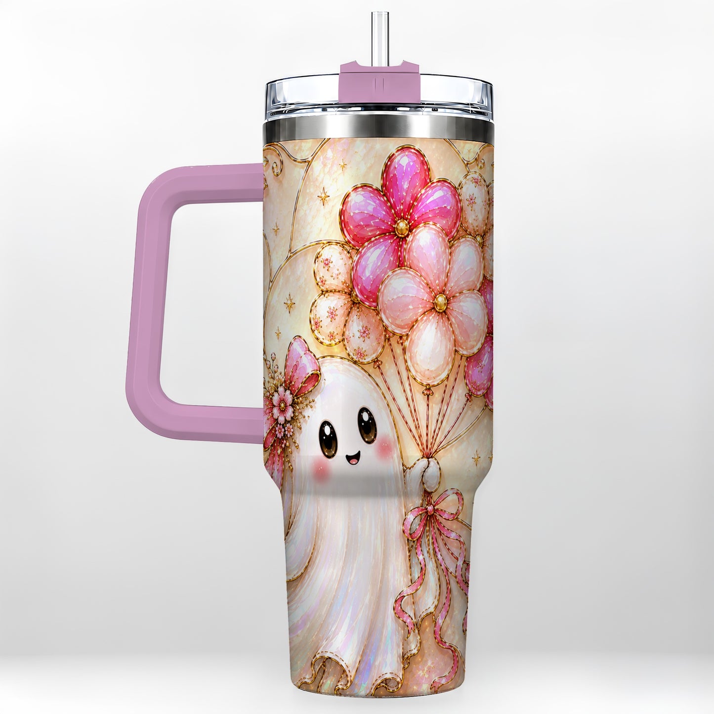#pl[40oz|Pink] Floral Ghost 40oz Tumbler with Handle, Balloon Travel Cup