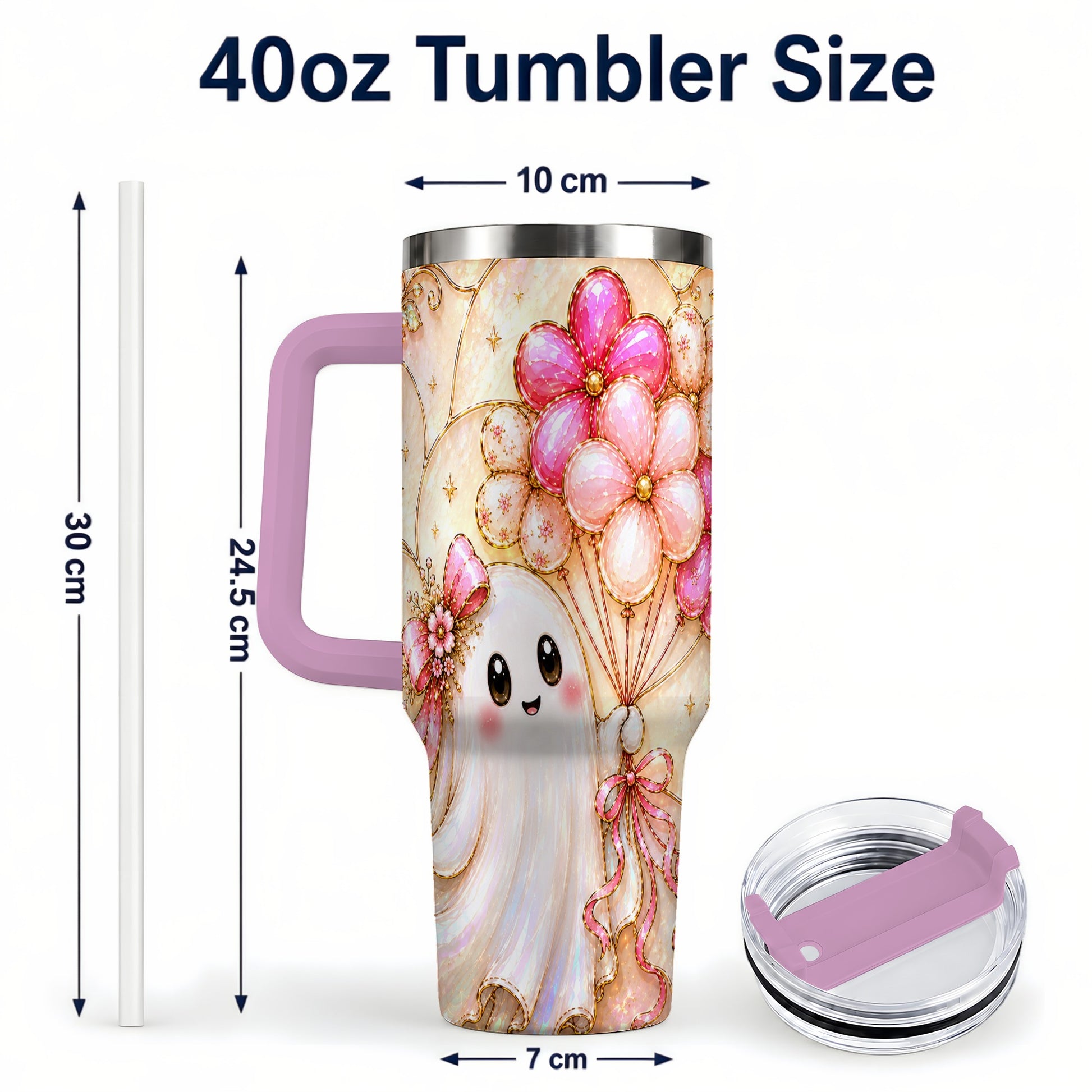 #pl[40oz|Pink] Floral Ghost 40oz Tumbler with Handle, Balloon Travel Cup