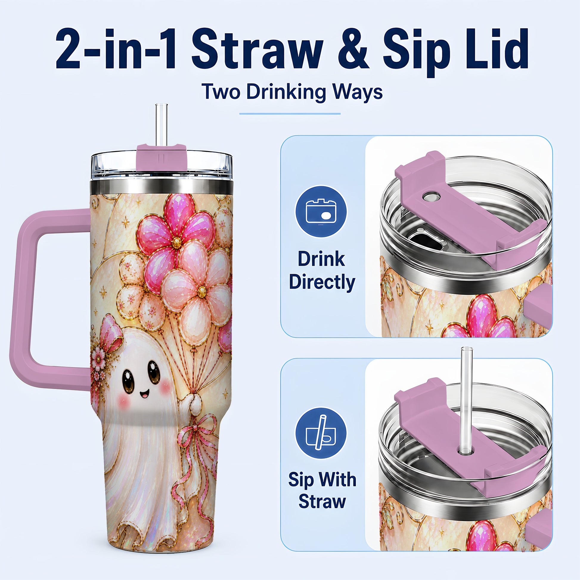 #pl[40oz|Pink] Floral Ghost 40oz Tumbler with Handle, Balloon Travel Cup