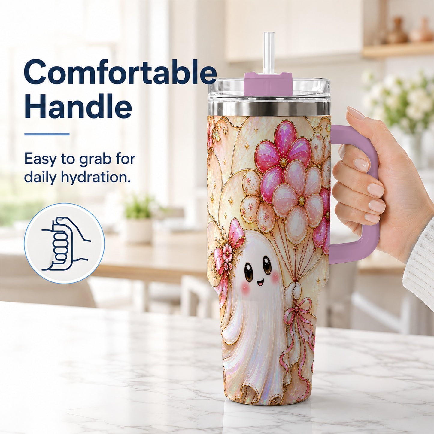 #pl[40oz|Pink] Floral Ghost 40oz Tumbler with Handle, Balloon Travel Cup