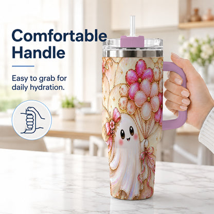 #pl[40oz|Pink] Floral Ghost 40oz Tumbler with Handle, Balloon Travel Cup