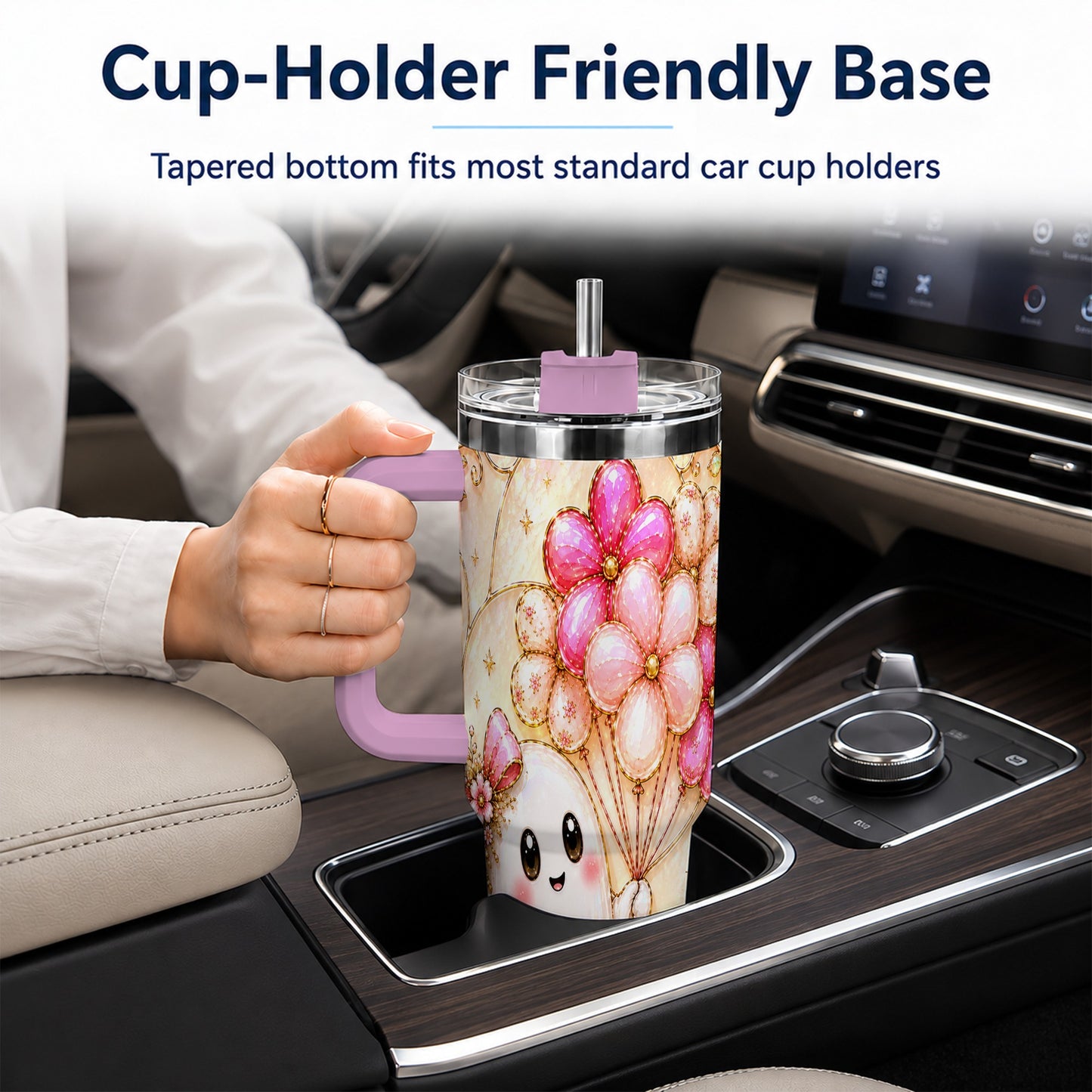 #pl[40oz|Pink] Floral Ghost 40oz Tumbler with Handle, Balloon Travel Cup