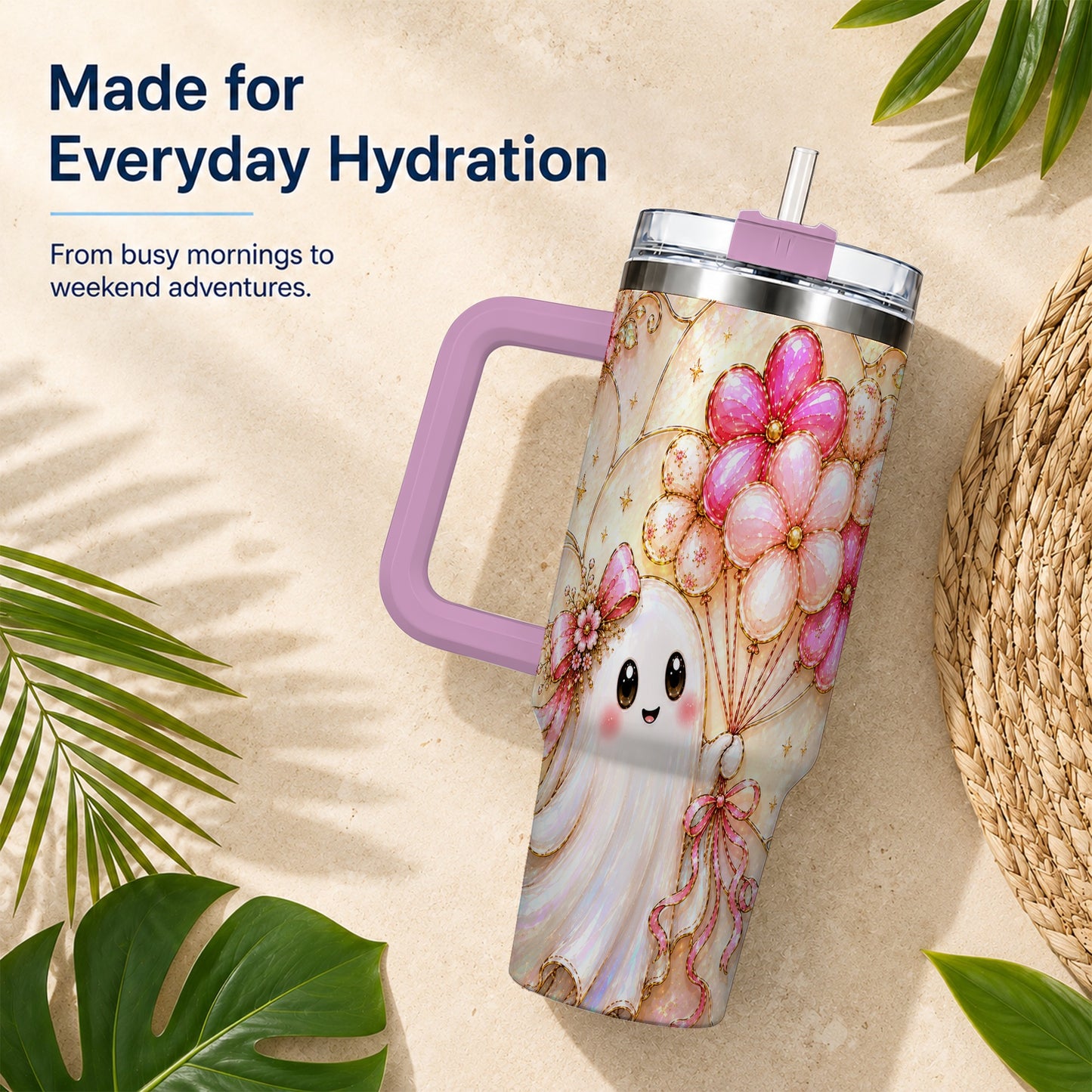 #pl[40oz|Pink] Floral Ghost 40oz Tumbler with Handle, Balloon Travel Cup