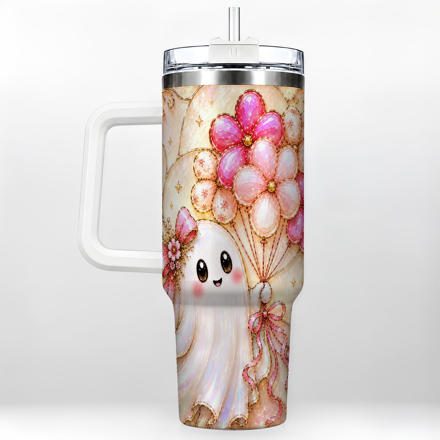 #pl[40oz|White] Floral Ghost 40oz Tumbler with Handle, Balloon Travel Cup
