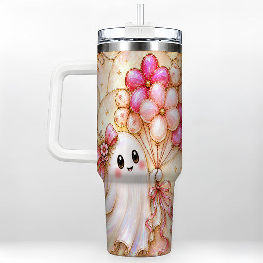 #pl[40oz|White] Floral Ghost 40oz Tumbler with Handle, Balloon Travel Cup