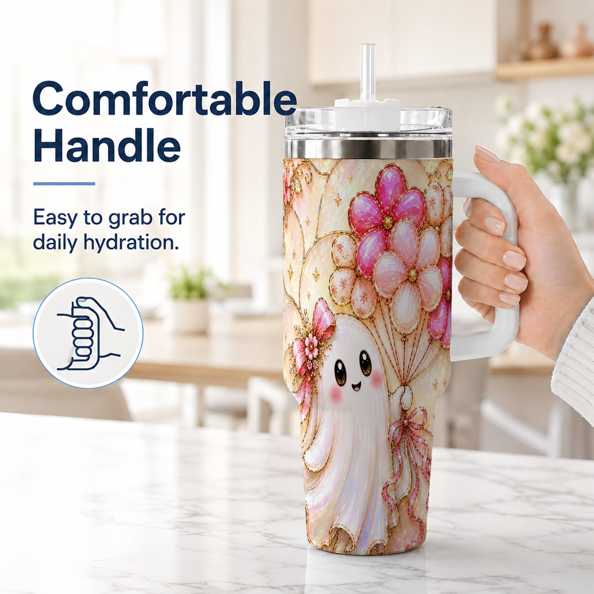 #pl[40oz|White] Floral Ghost 40oz Tumbler with Handle, Balloon Travel Cup