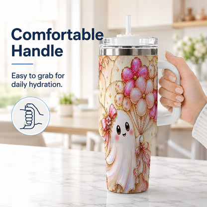 #pl[40oz|White] Floral Ghost 40oz Tumbler with Handle, Balloon Travel Cup