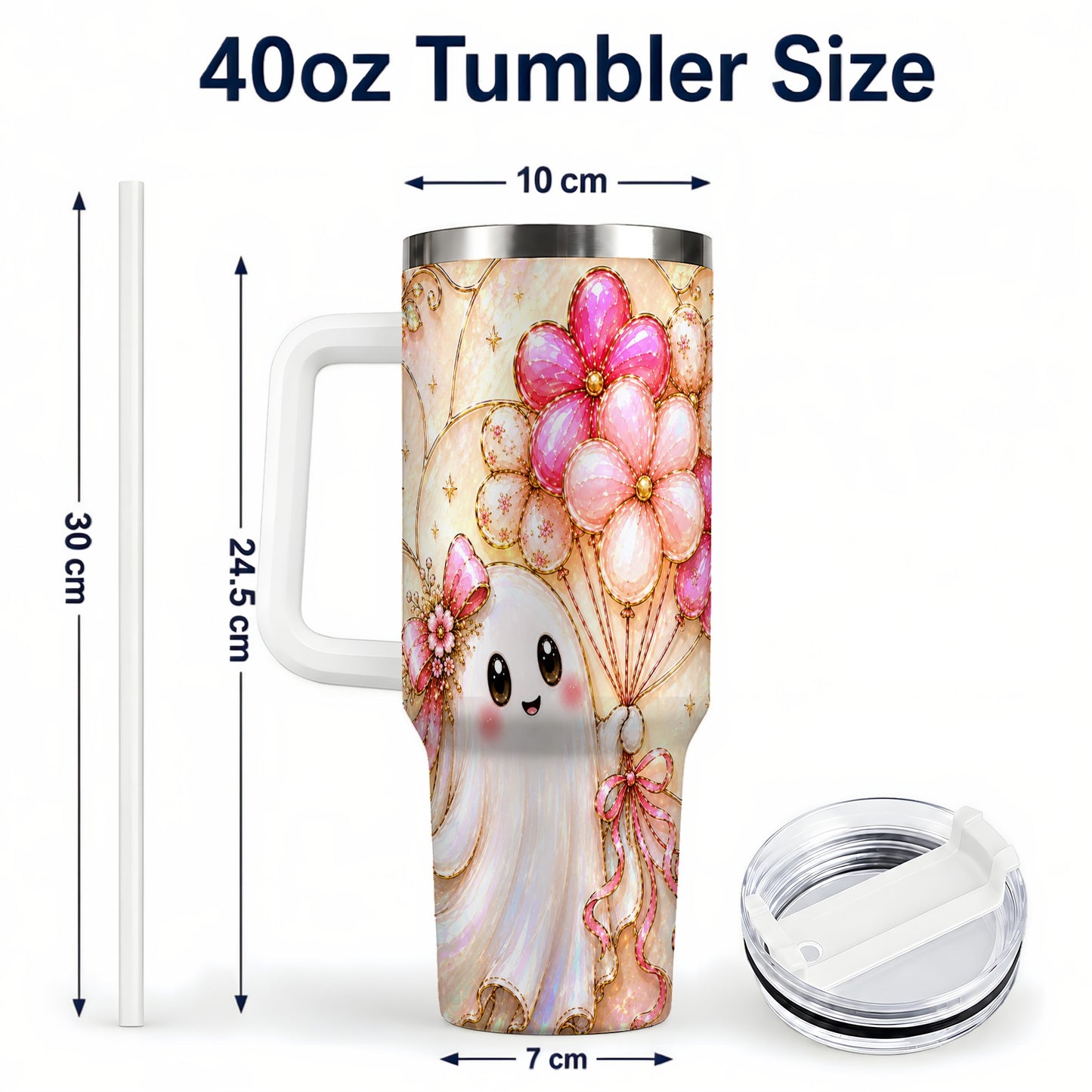 #pl[40oz|White] Floral Ghost 40oz Tumbler with Handle, Balloon Travel Cup