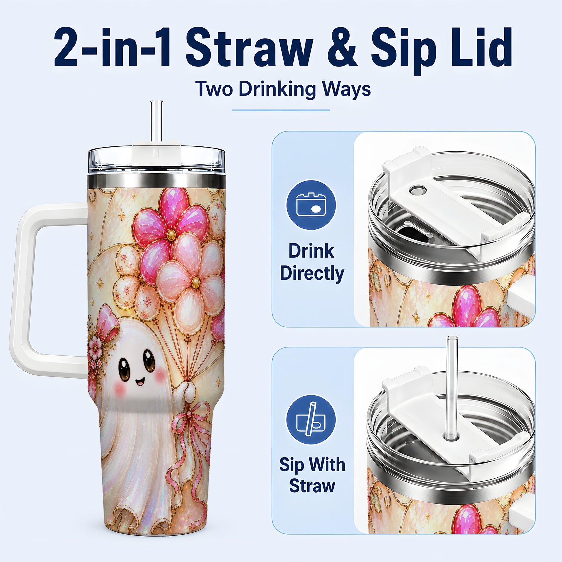 #pl[40oz|White] Floral Ghost 40oz Tumbler with Handle, Balloon Travel Cup