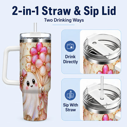#pl[40oz|White] Floral Ghost 40oz Tumbler with Handle, Balloon Travel Cup