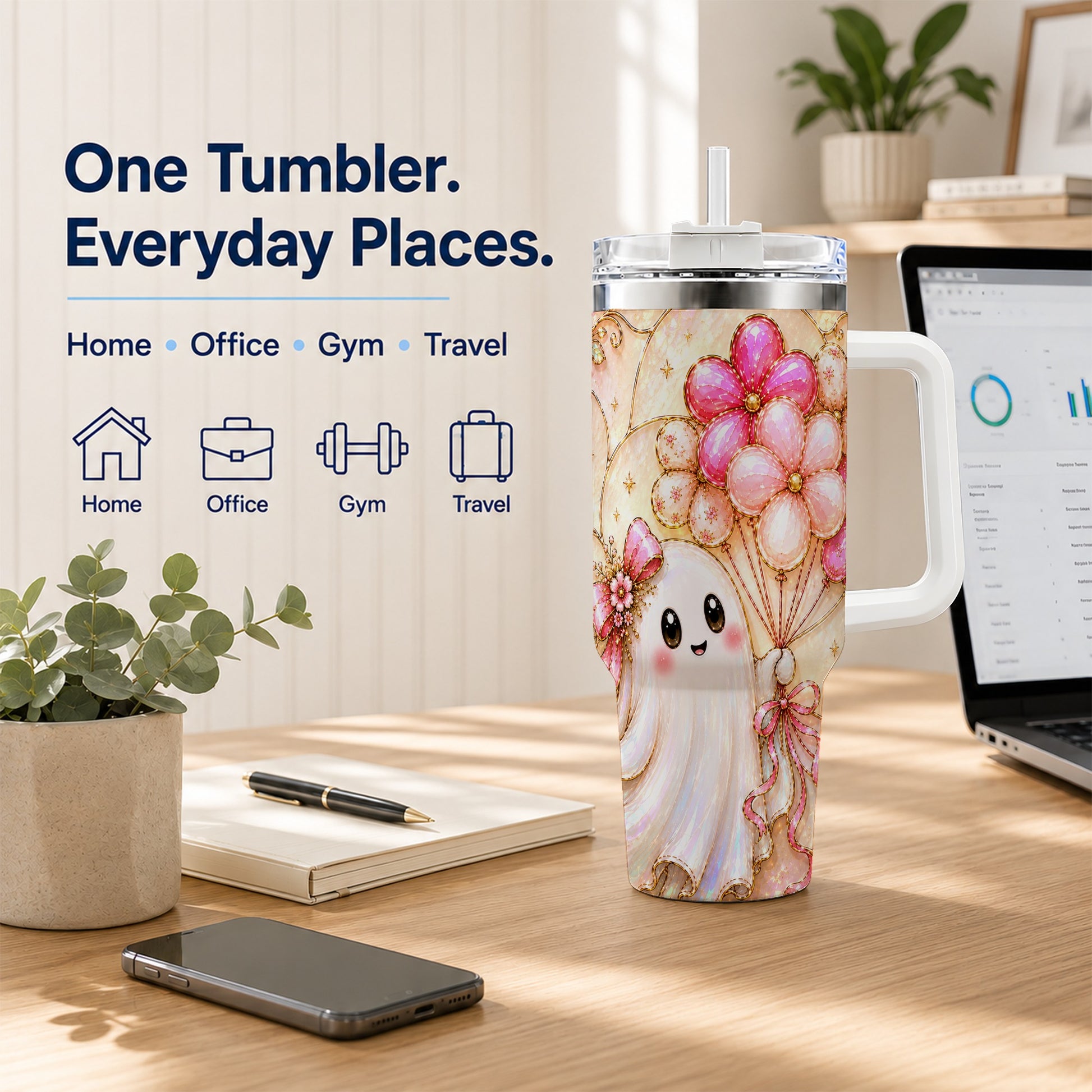 #pl[40oz|White] Floral Ghost 40oz Tumbler with Handle, Balloon Travel Cup