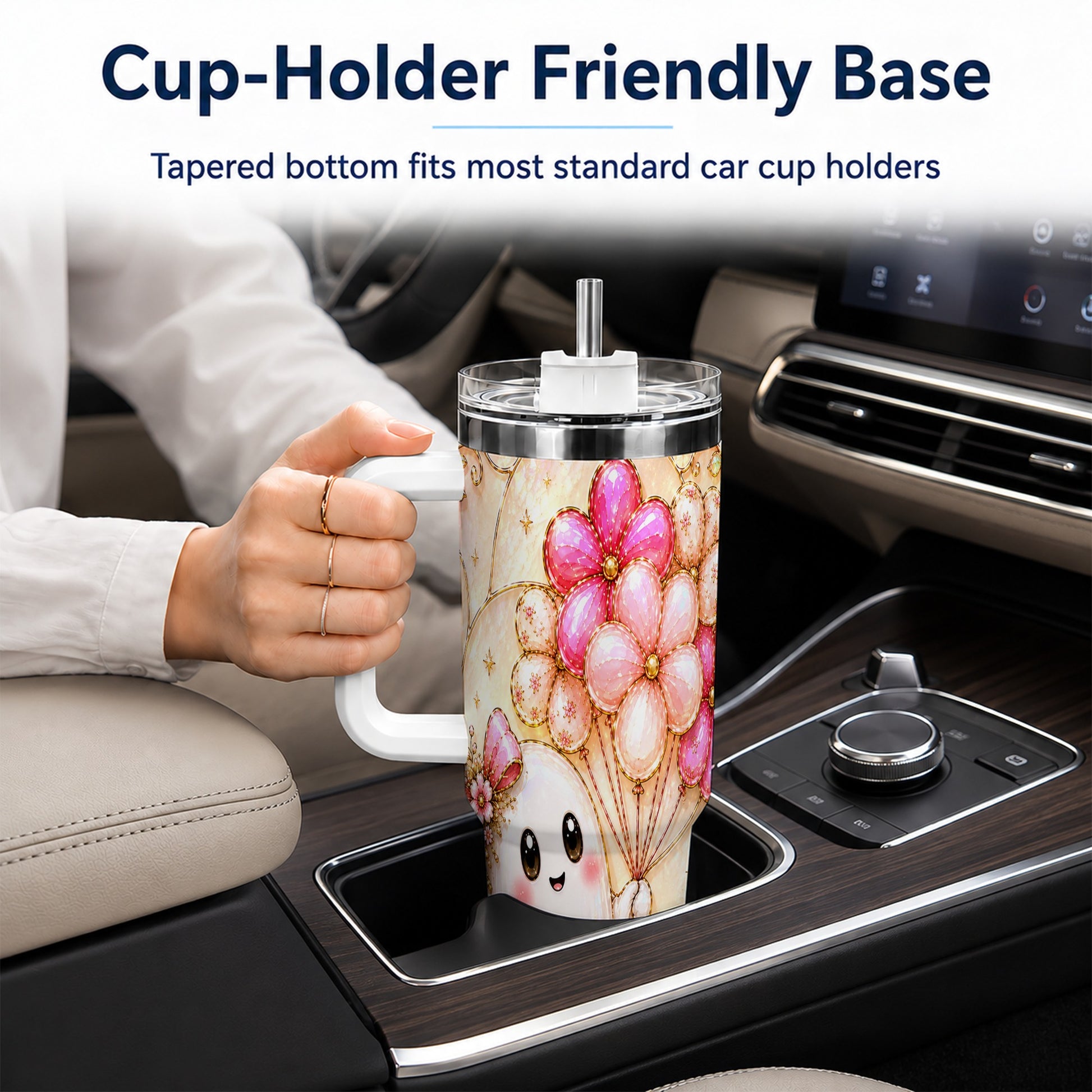 #pl[40oz|White] Floral Ghost 40oz Tumbler with Handle, Balloon Travel Cup