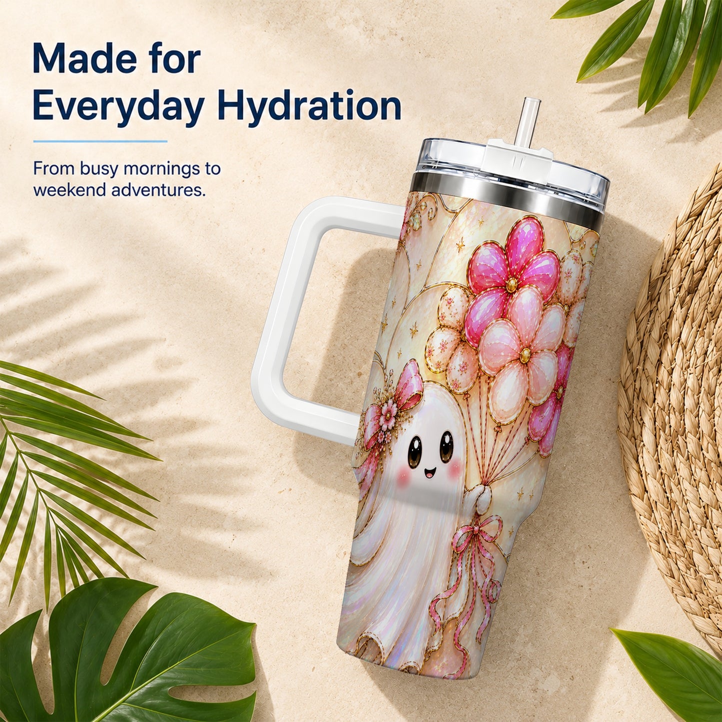 #pl[40oz|White] Floral Ghost 40oz Tumbler with Handle, Balloon Travel Cup
