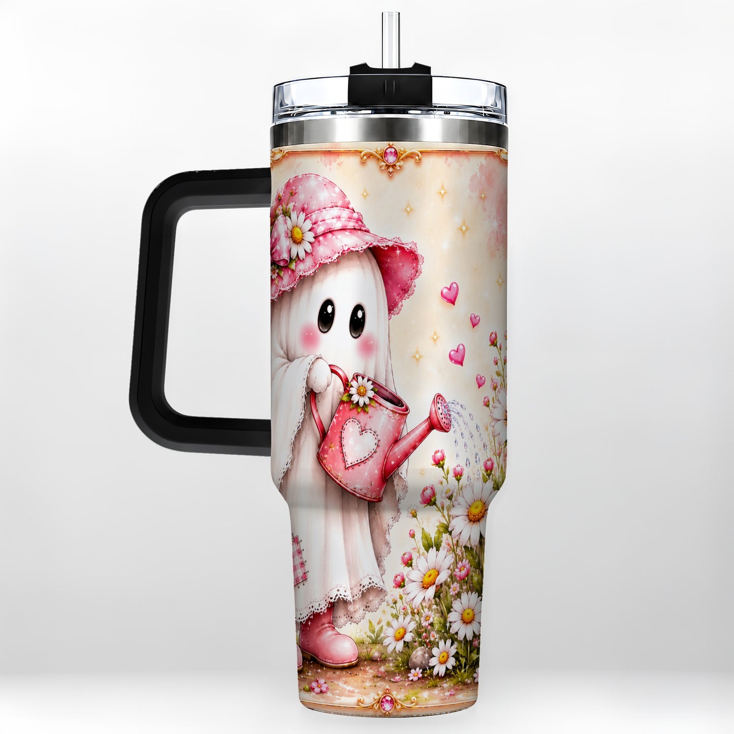 #pl[40oz|Black] Garden Ghost 40oz Tumbler with Handle, Daisy Travel Cup
