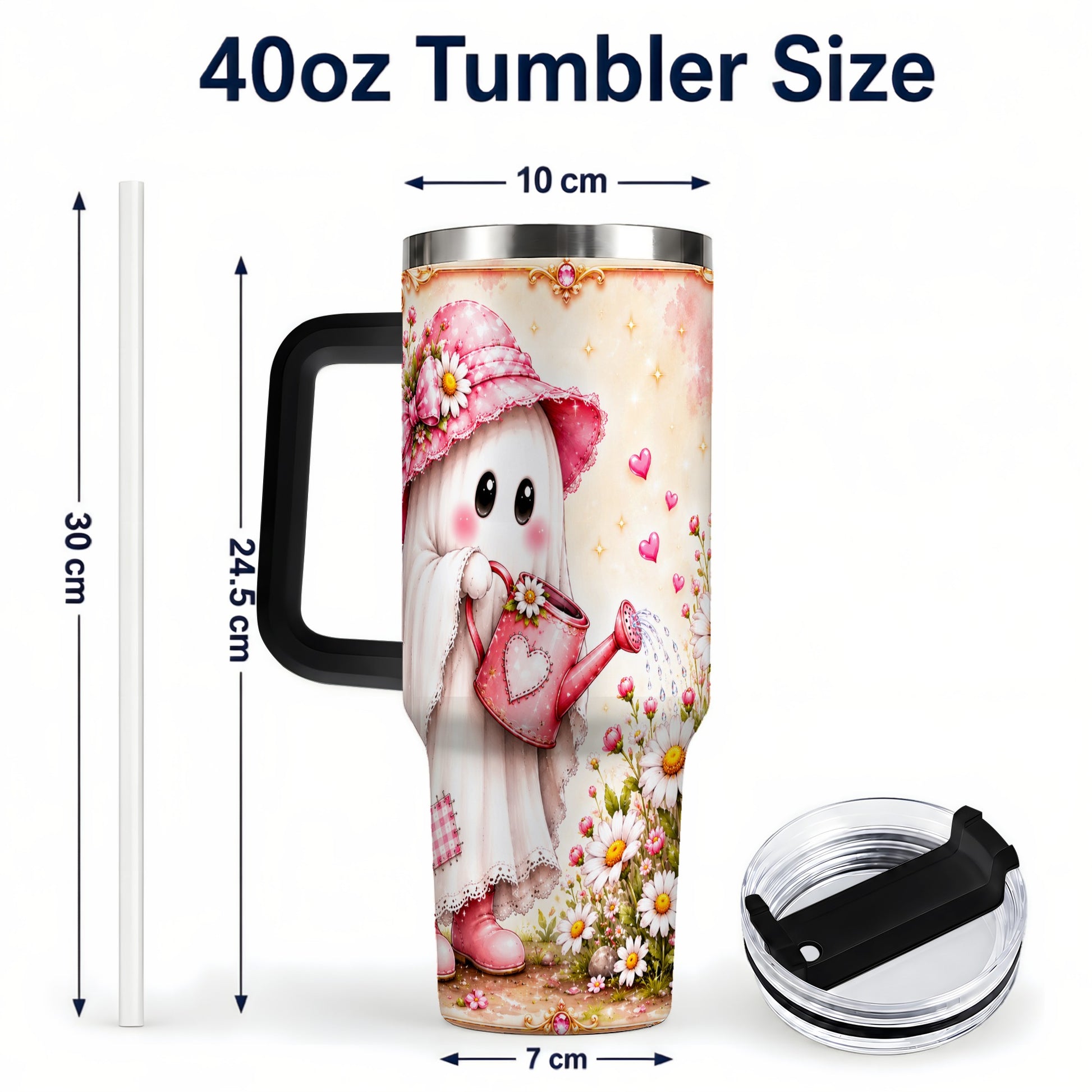 #pl[40oz|Black] Garden Ghost 40oz Tumbler with Handle, Daisy Travel Cup