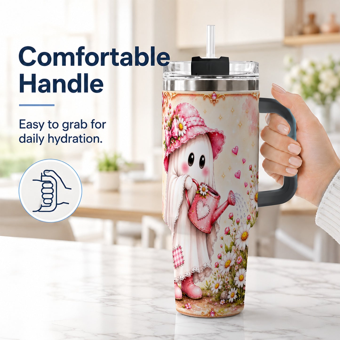 #pl[40oz|Black] Garden Ghost 40oz Tumbler with Handle, Daisy Travel Cup