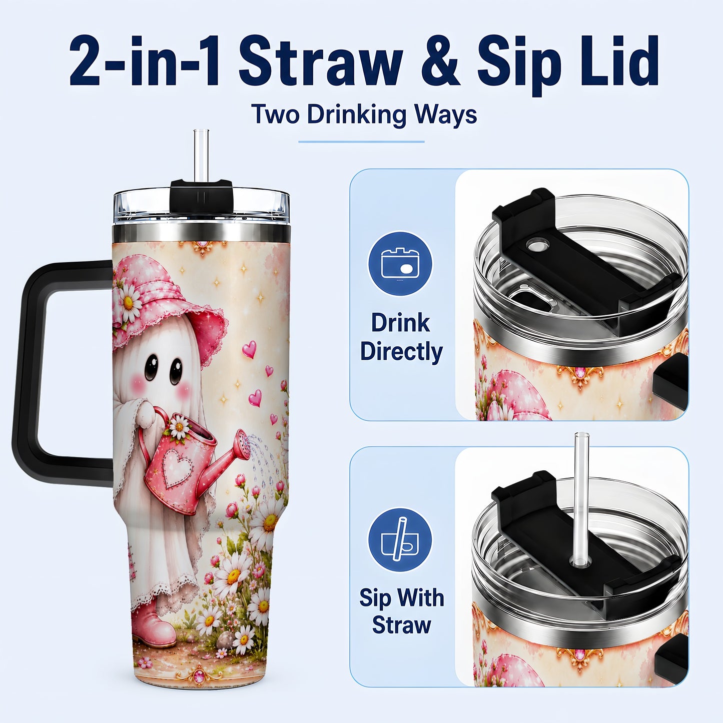 #pl[40oz|Black] Garden Ghost 40oz Tumbler with Handle, Daisy Travel Cup
