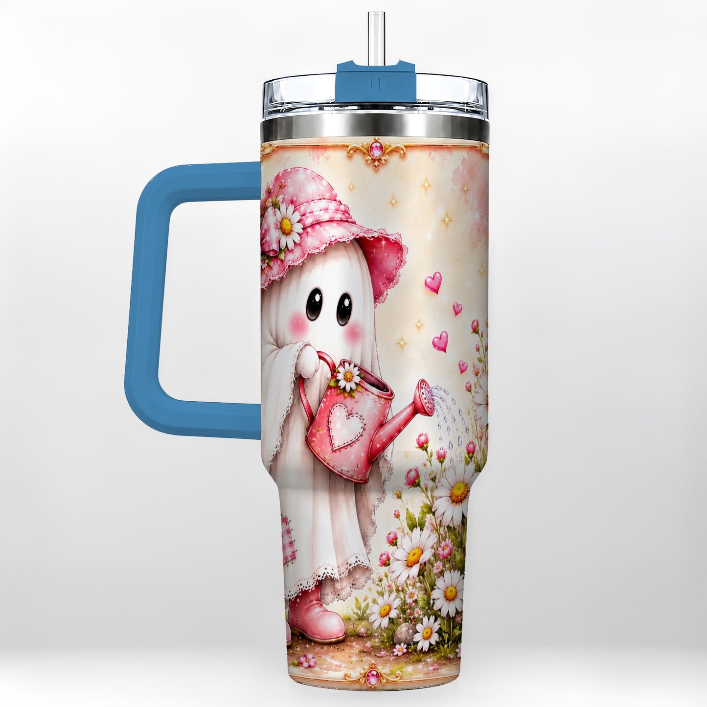 #pl[40oz|Blue] Garden Ghost 40oz Tumbler with Handle, Daisy Travel Cup