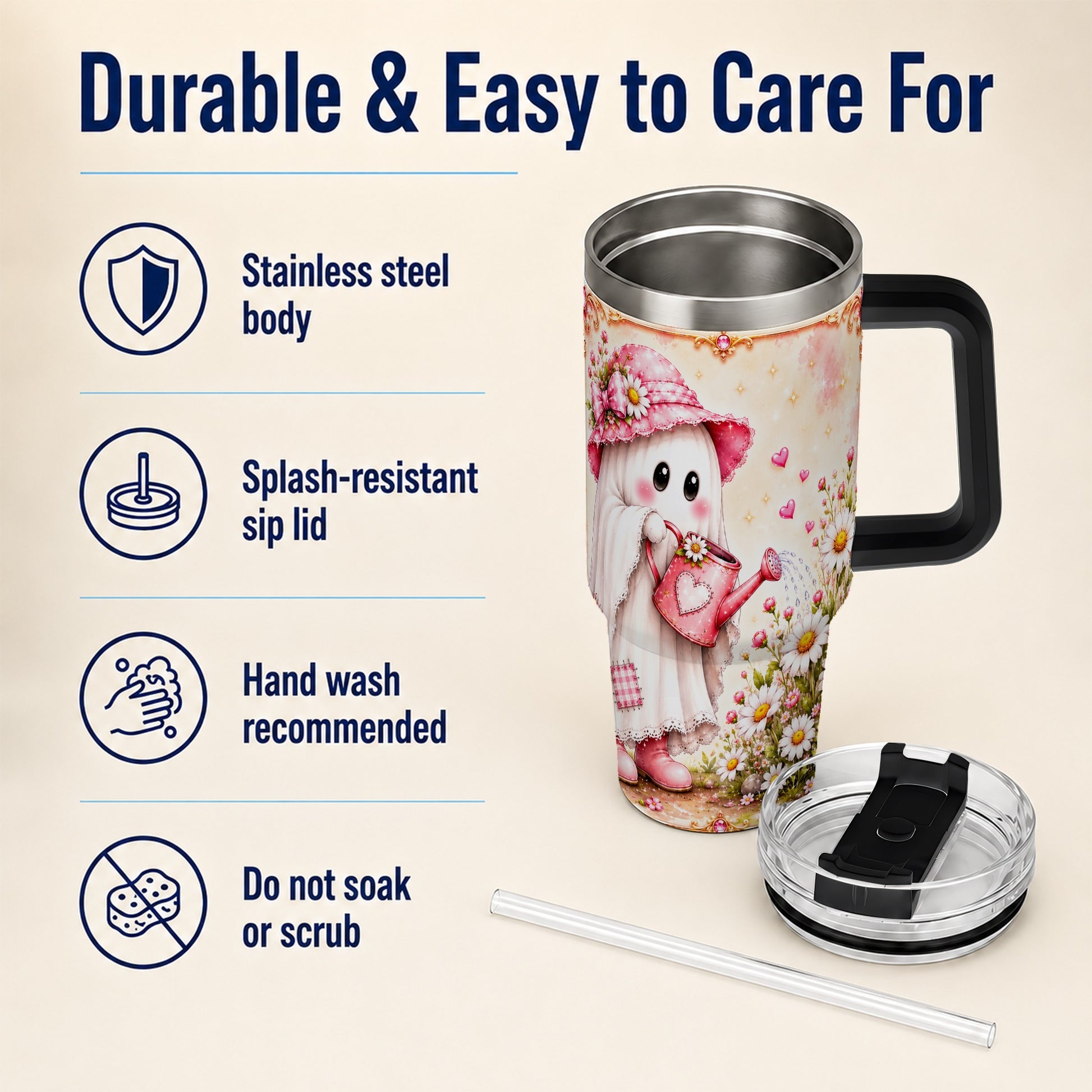 #pl[40oz|Black] Garden Ghost 40oz Tumbler with Handle, Daisy Travel Cup