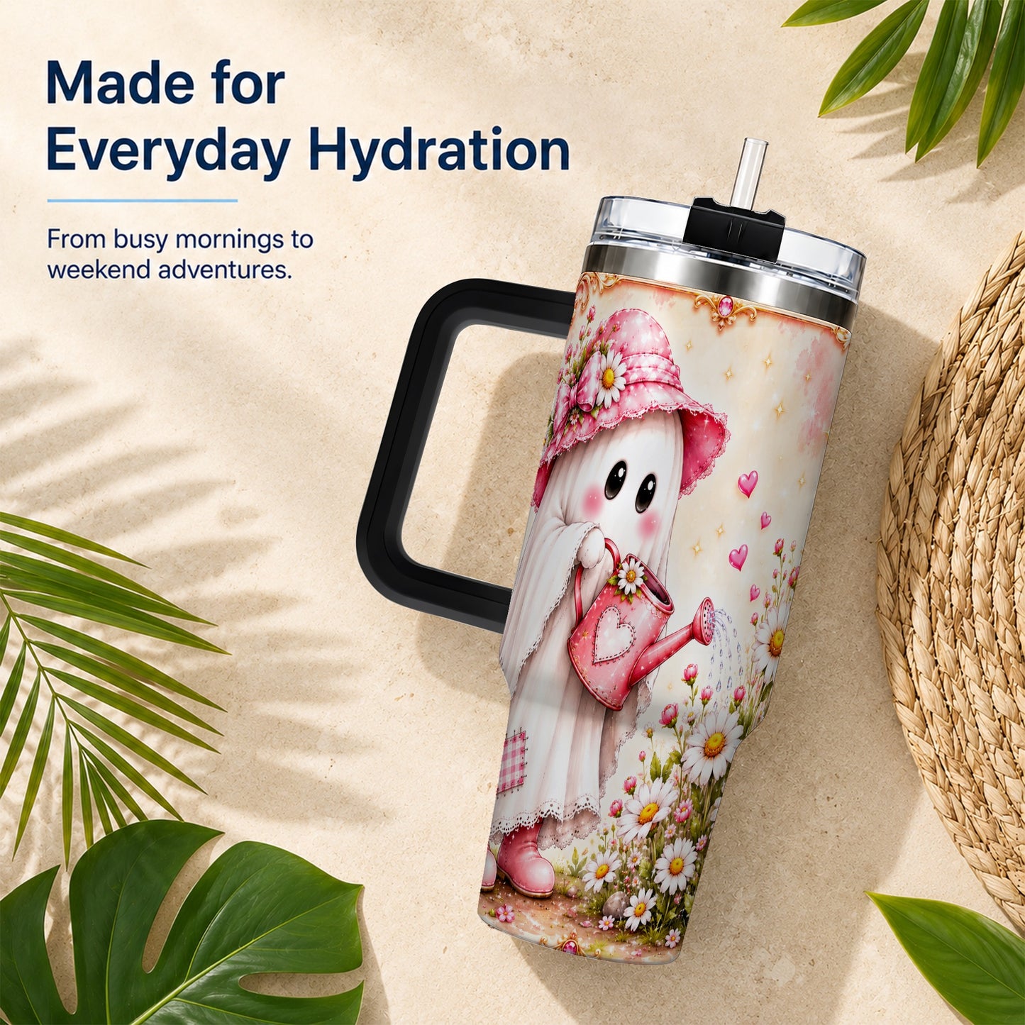 #pl[40oz|Black] Garden Ghost 40oz Tumbler with Handle, Daisy Travel Cup