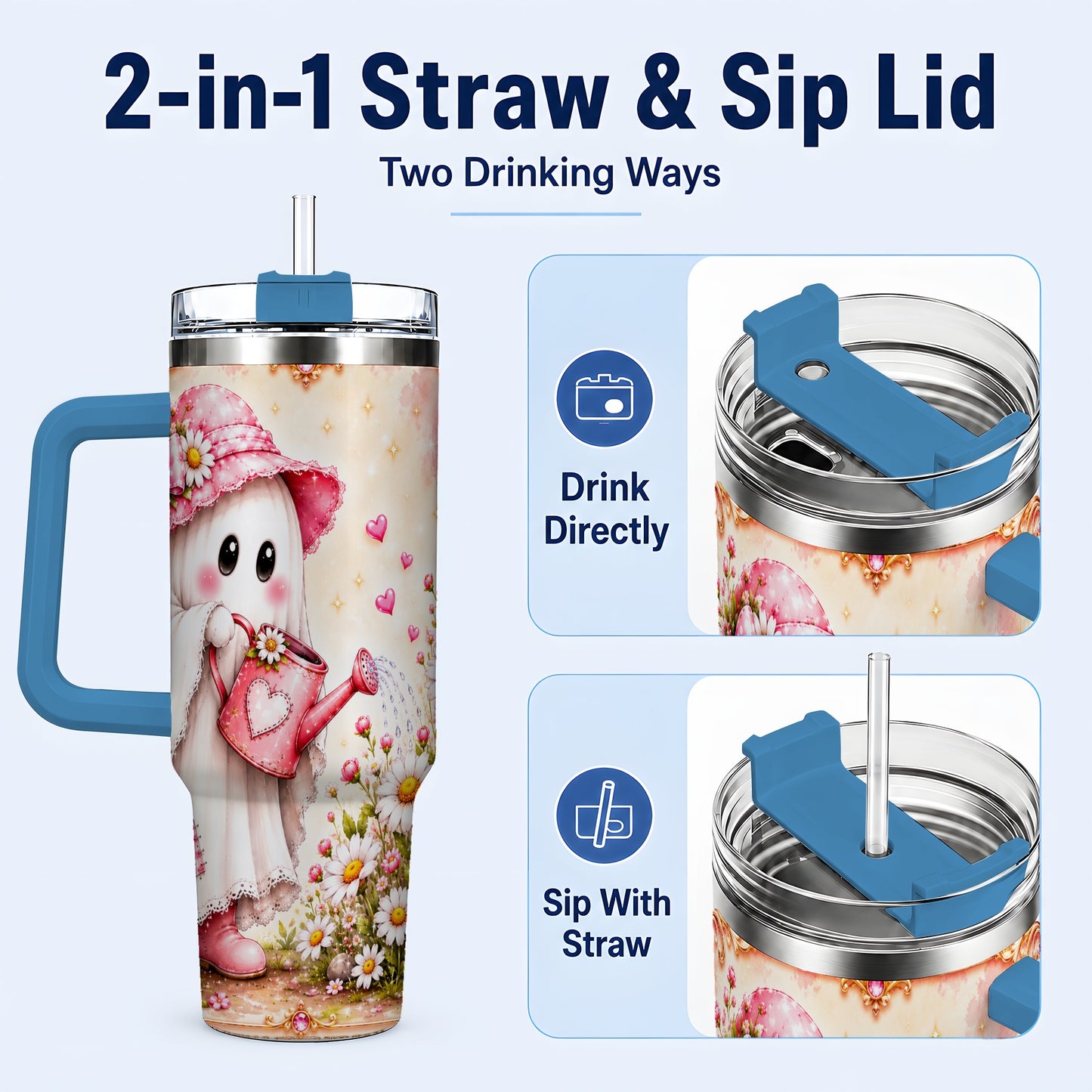 #pl[40oz|Blue] Garden Ghost 40oz Tumbler with Handle, Daisy Travel Cup