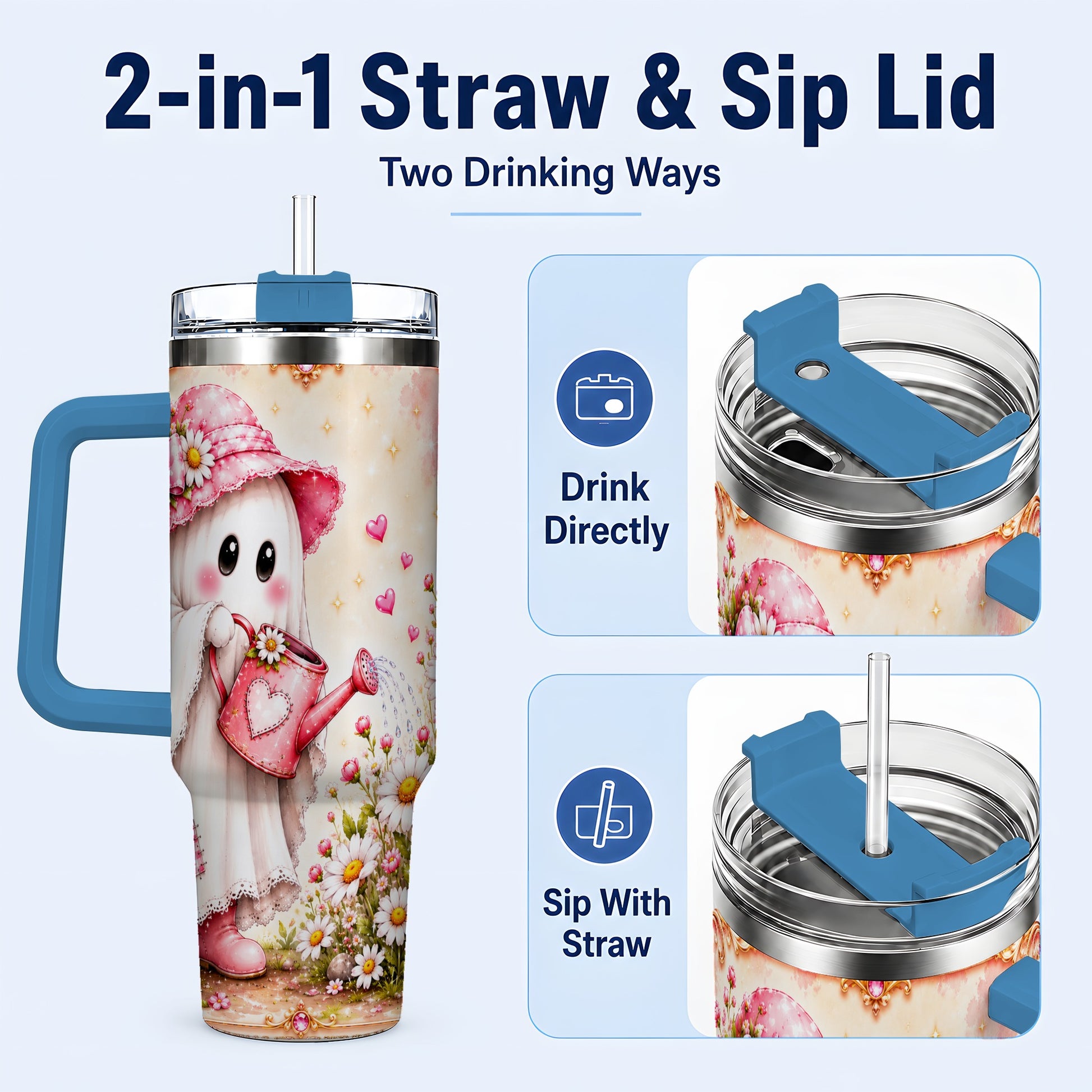 #pl[40oz|Blue] Garden Ghost 40oz Tumbler with Handle, Daisy Travel Cup