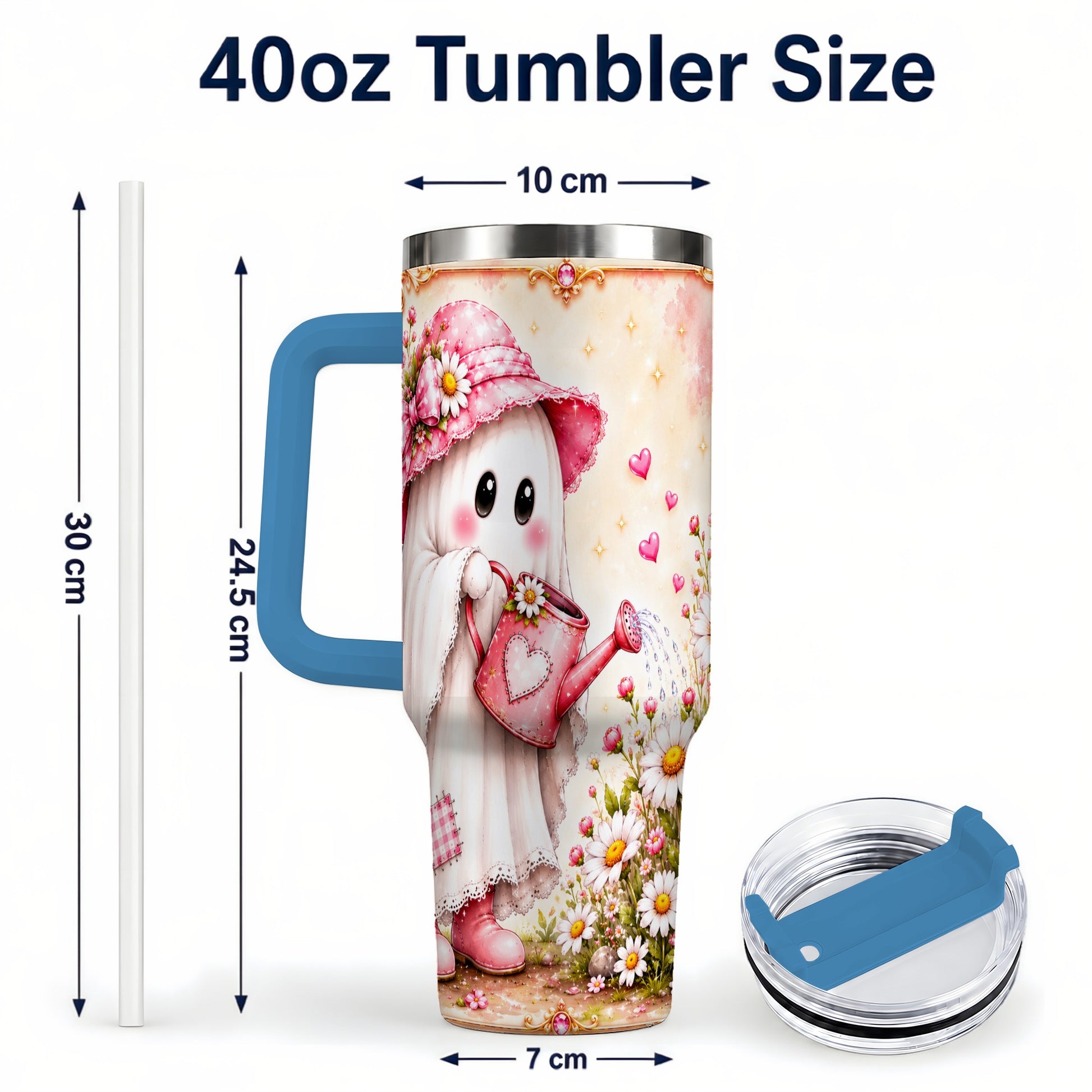 #pl[40oz|Blue] Garden Ghost 40oz Tumbler with Handle, Daisy Travel Cup