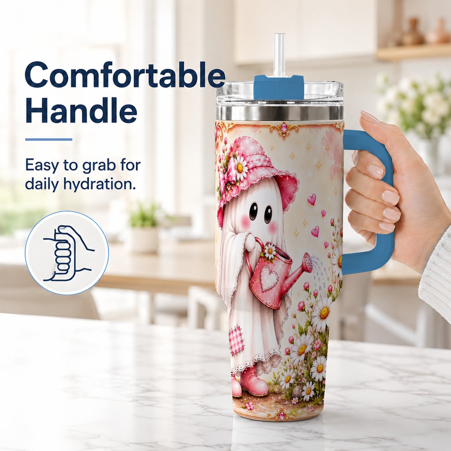 #pl[40oz|Blue] Garden Ghost 40oz Tumbler with Handle, Daisy Travel Cup