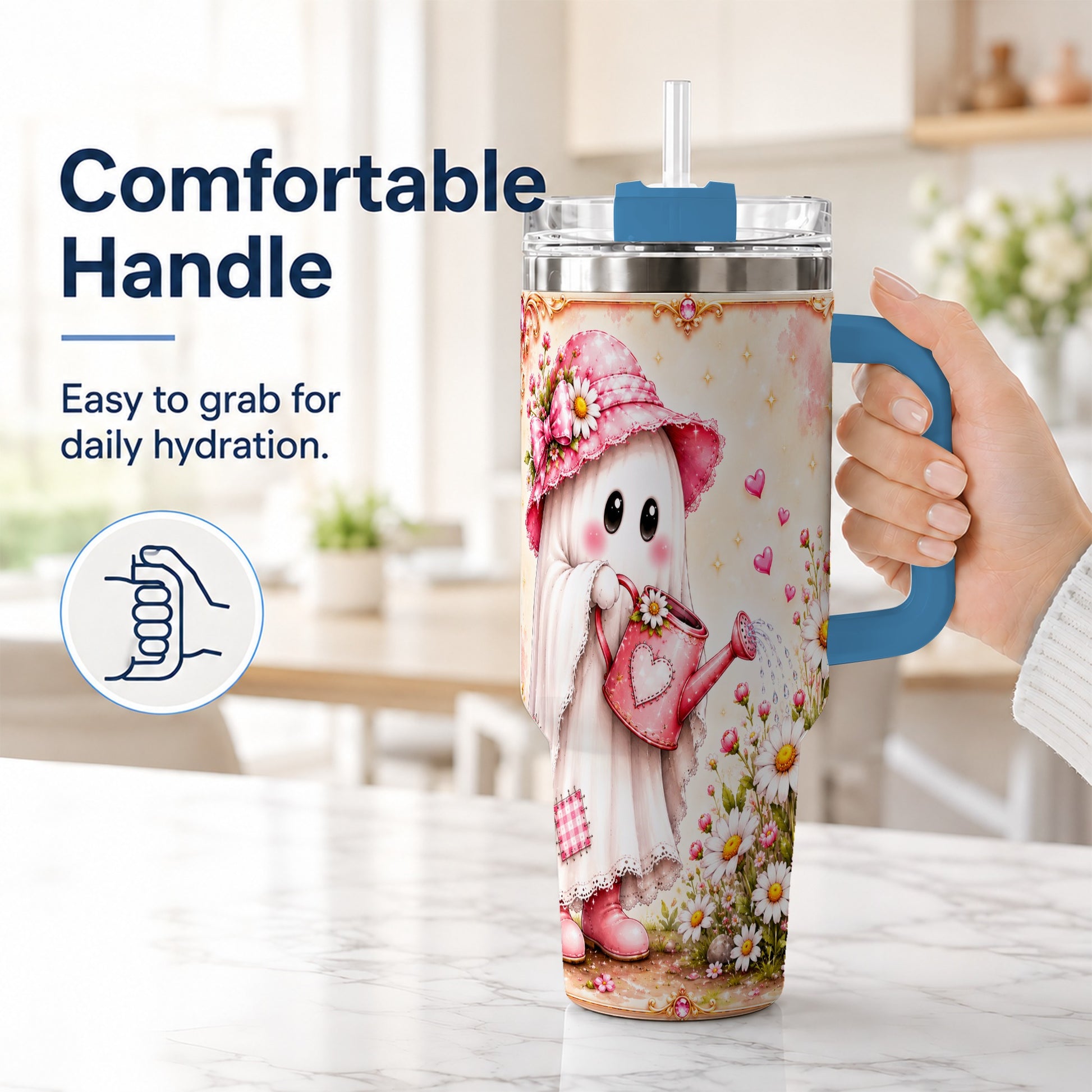 #pl[40oz|Blue] Garden Ghost 40oz Tumbler with Handle, Daisy Travel Cup
