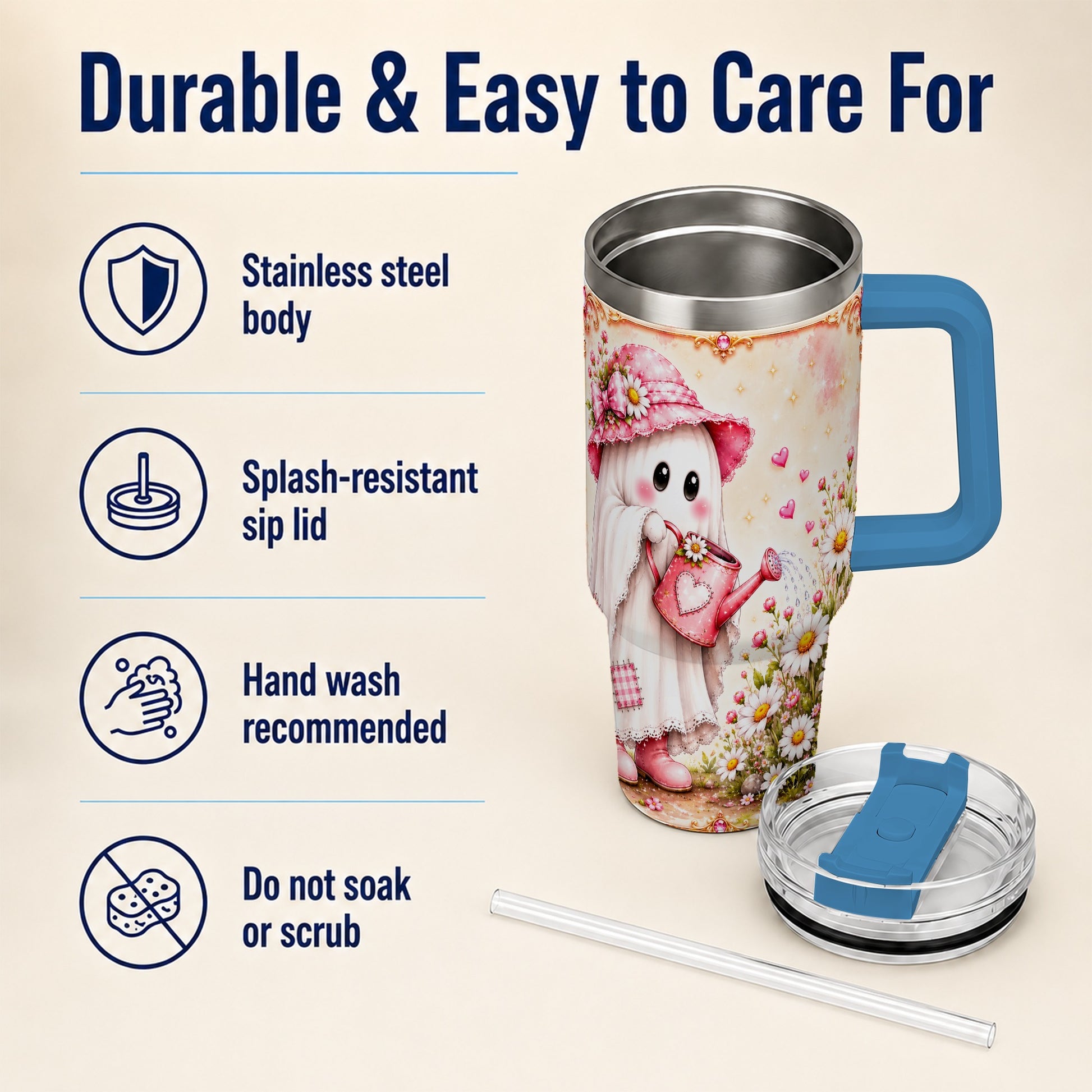 #pl[40oz|Blue] Garden Ghost 40oz Tumbler with Handle, Daisy Travel Cup
