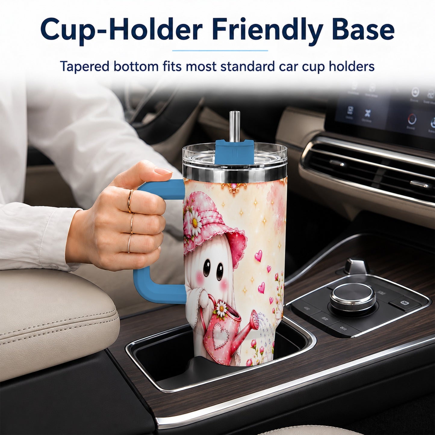 #pl[40oz|Blue] Garden Ghost 40oz Tumbler with Handle, Daisy Travel Cup